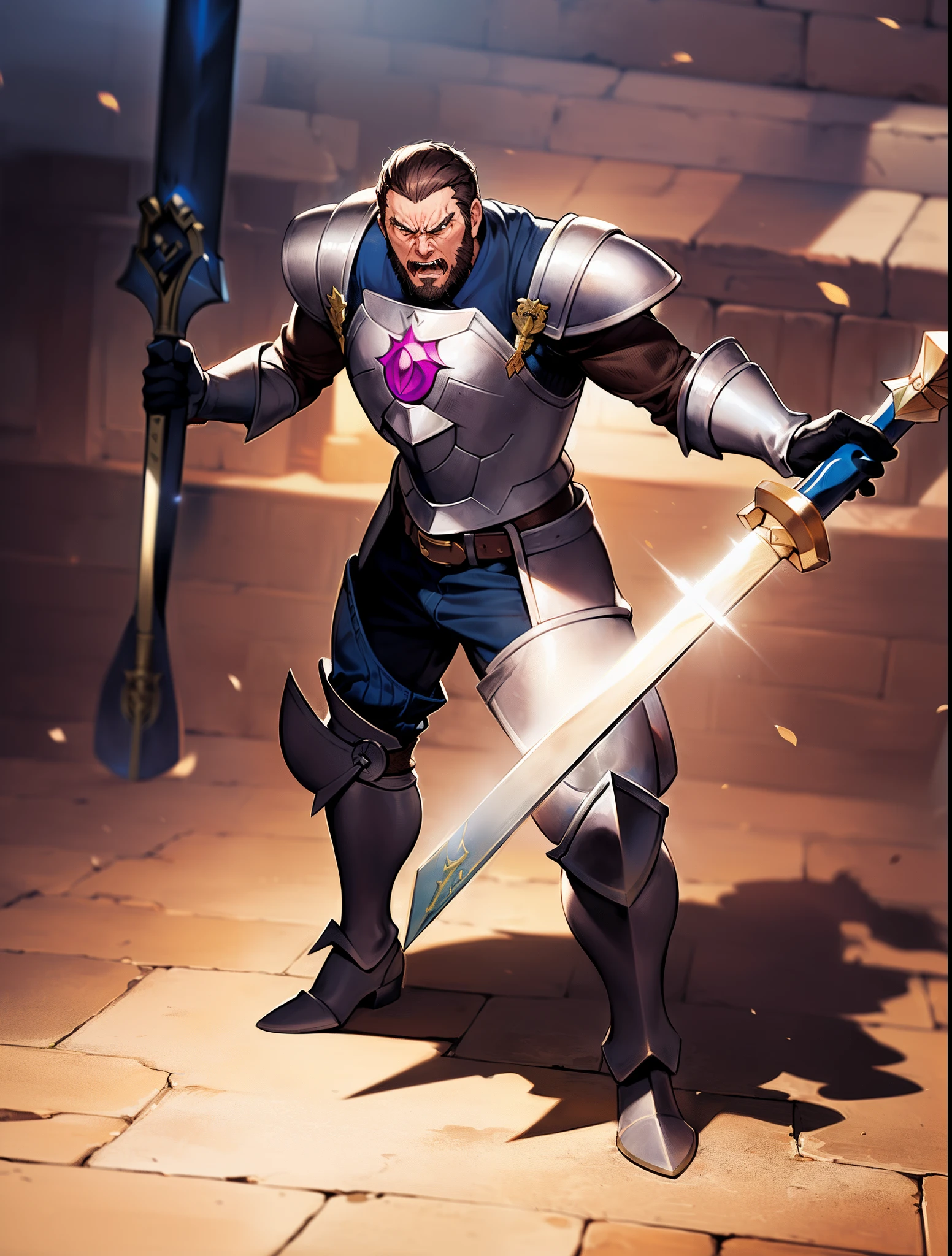 ((adult man)), ((furious)), ((full body)), ((standing pose)), (((wearing fantasy battle suit)), ((carrying a fantasy battle hammer))), ((fully detailed))