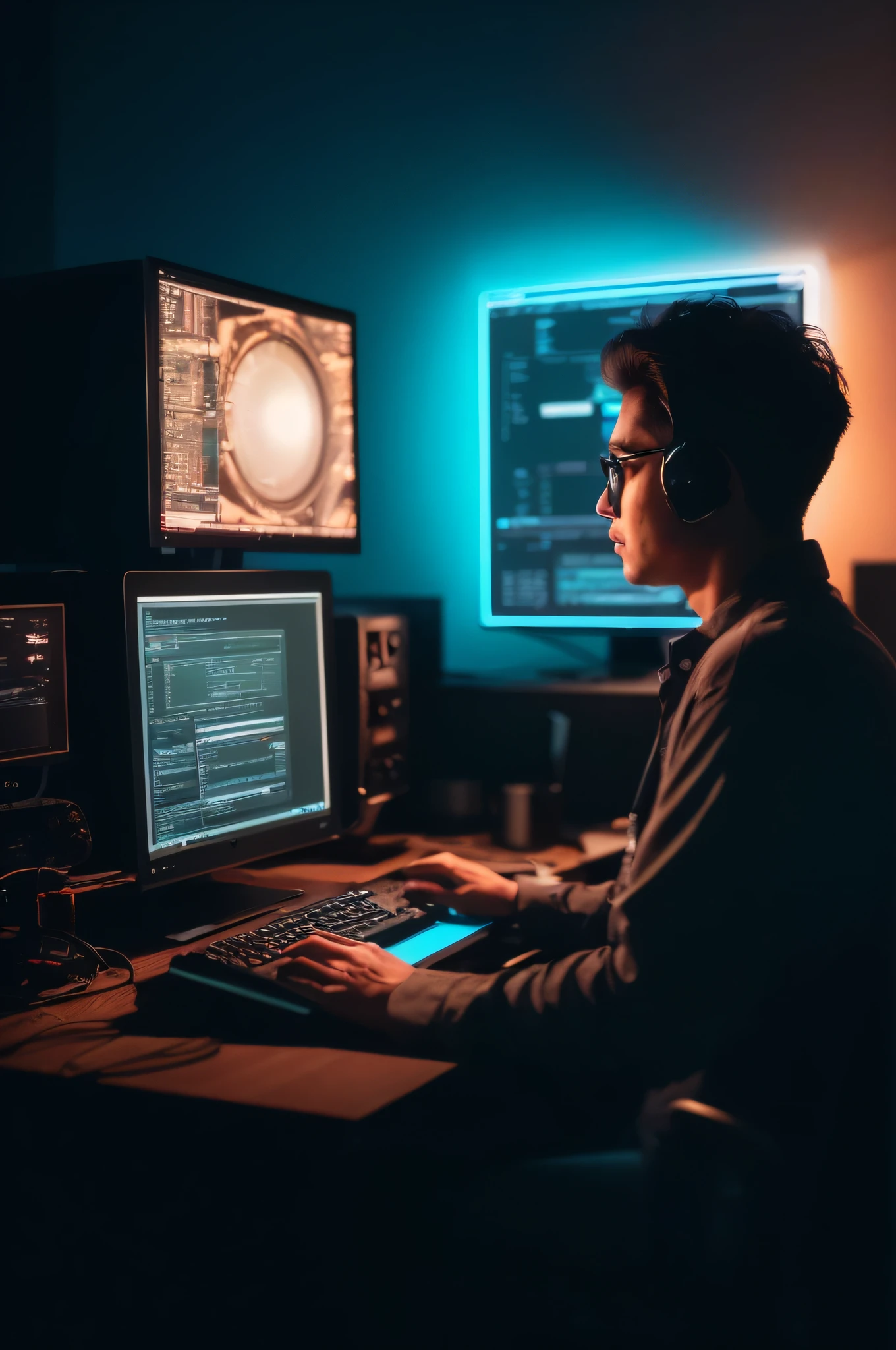there is a man sitting at a desk with a computer and a keyboard, creative coder with a computer, sitting at a computer, in front of a computer, sitting in front of computer, future coder man looking on, it specialist, an alien working on a computer, looking at monitor, glowing computer screens, sitting at a control center