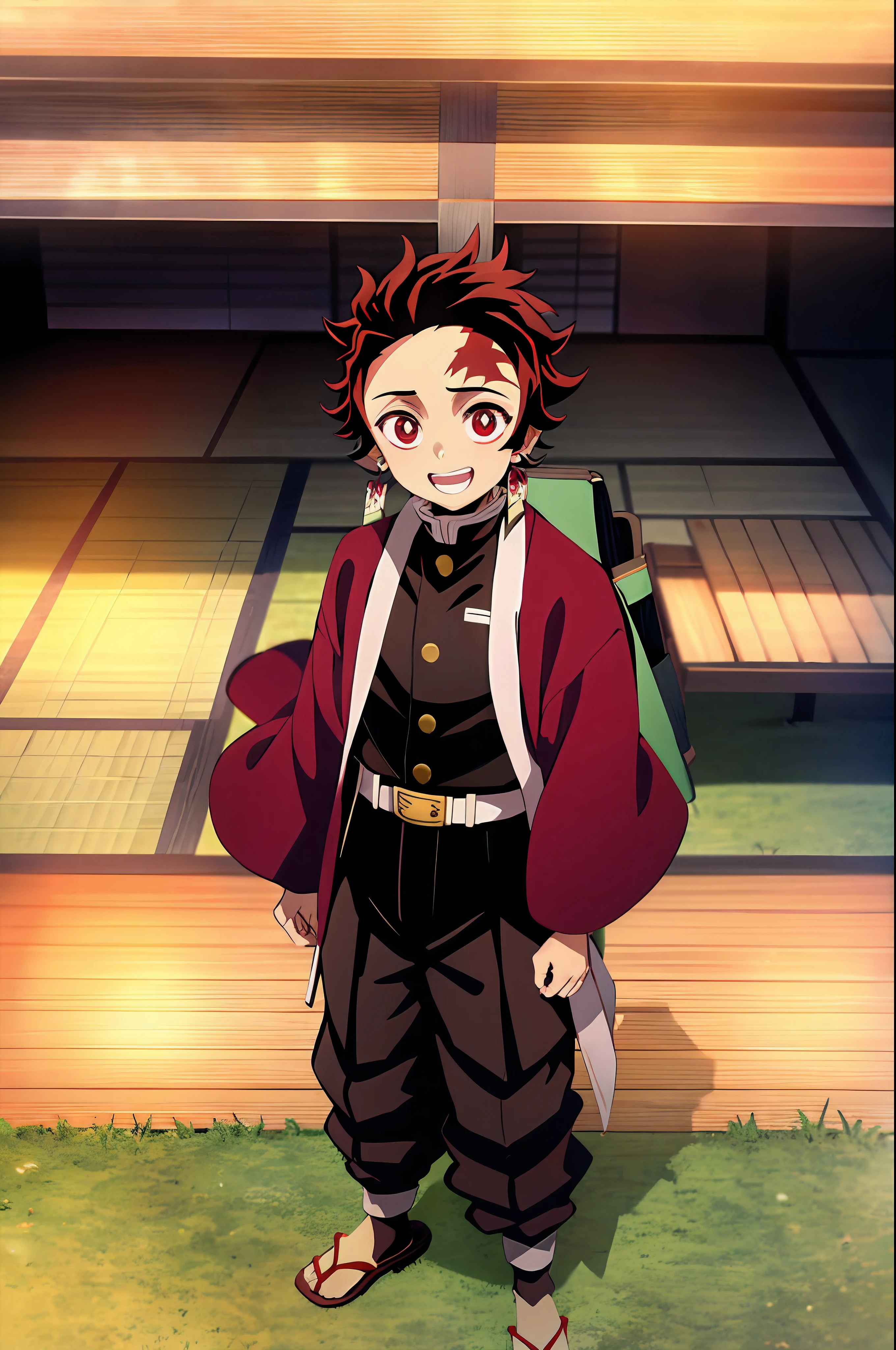 kimetsu no yaiba style, kamado tanjiro, demon slayer uniform, 1boy, male focus, scar on face, weapon, scar, earrings, teeth, jewelry, pants,  scar on forehead, brown hair, belt, black pants, japanese clothes, haori, green haori, solo, red eyes, long sleeves, anime coloring,  ((masterpiece)), happy face,