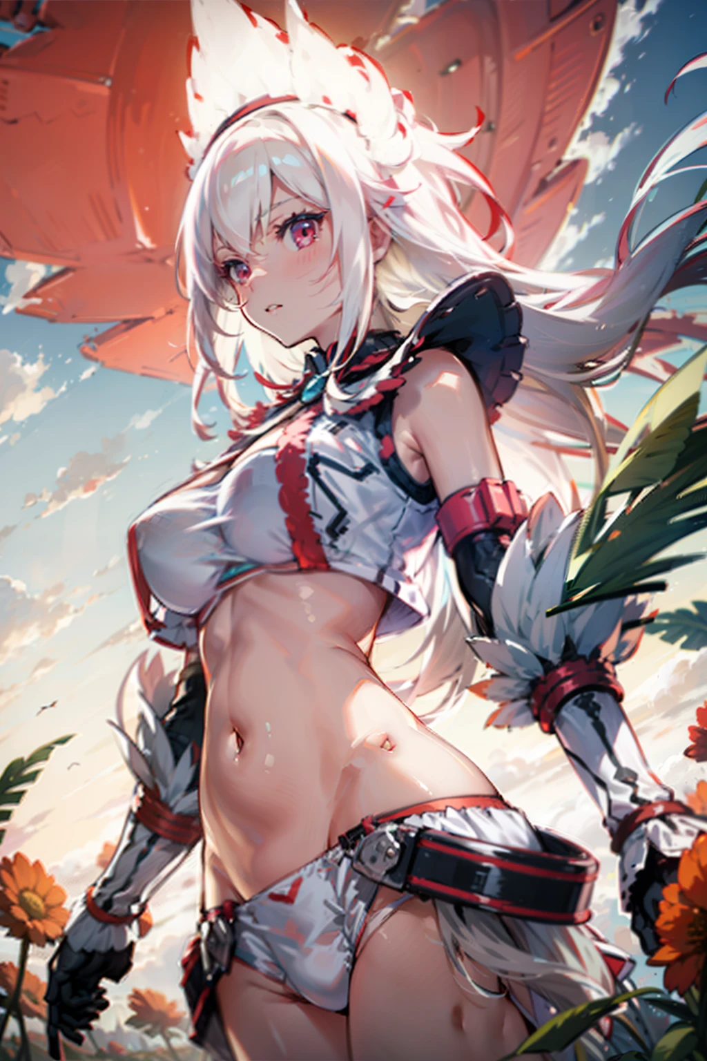 "Neon flower field, girl with detailed face, mid shot, clouds, sunrise, white bandeau, long white hair, red eyes, open belly."