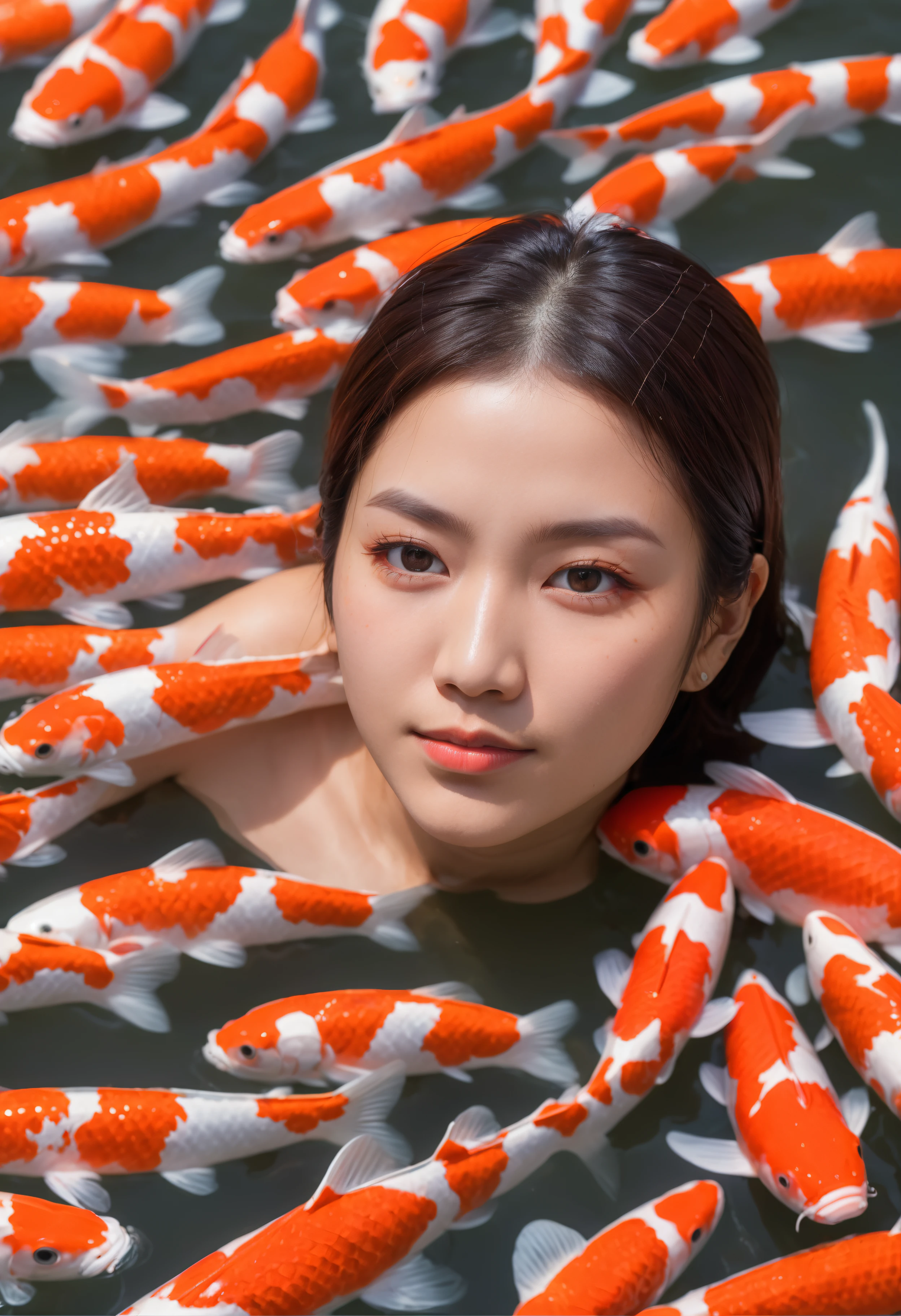 Portrait Photography of an individual, with expressive eyes, amidst a swarm of colorful Koi fish, in a wooden boat on a calm pond, emphasizing the symbiotic relationship of coexistence, close-up with a shallow depth of field, dappled sunlight creating a mesmerizing pattern, photographed by Takashi Yasumura, drawing from the zen ethos of Japan, instilling a meditative state of mind, the pristine clarity of water ripples, showcased in international art galleries, 8k, Sharp leather details, Real leather details, pores on the skin
