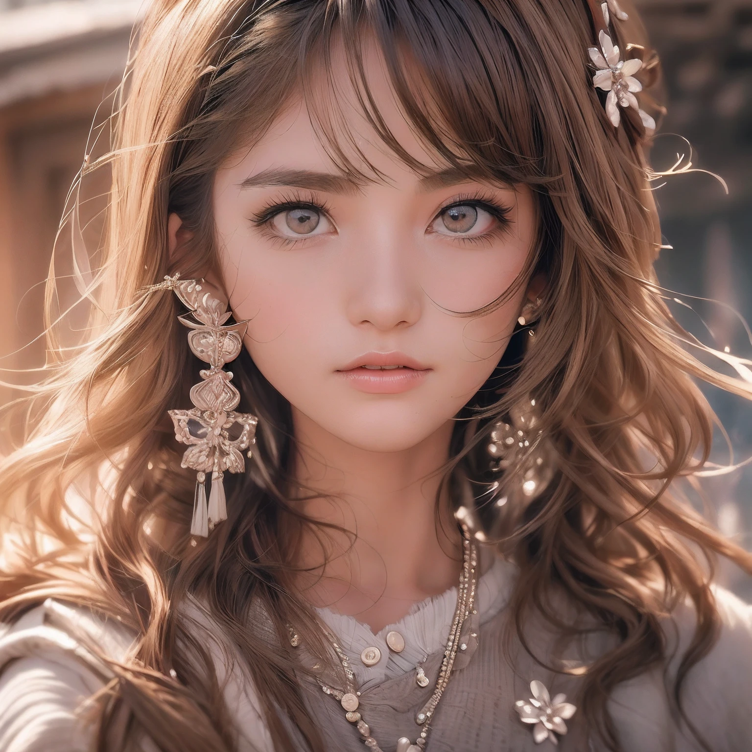 masutepiece, The highest image quality, High quality, Beautiful japanese girl, Cute, Intaglio idle diagram, Detailed, Detailed eyes, Detailed skin, Beautiful skin, 超A high resolution, (reality: 1.4),Very beautiful, Slightly younger face, Beautiful skin, slender, (Ultra photo realsisim), (hight resolution), (8K), (Very detailed) (beautifully detailed eyes), (super detailed), (wall-paper), (Detailed face), view the viewer, Fine details, Detailed face, sad, Sweaters, Skirt, Staring straight ahead, Staring straight ahead, angle from waist up, photos realistic, Bright lighting, Professional Lighting, Mature Woman, (Brown hair, Bob Hair, layers-Cut, Swaying in the wind, Bangs),