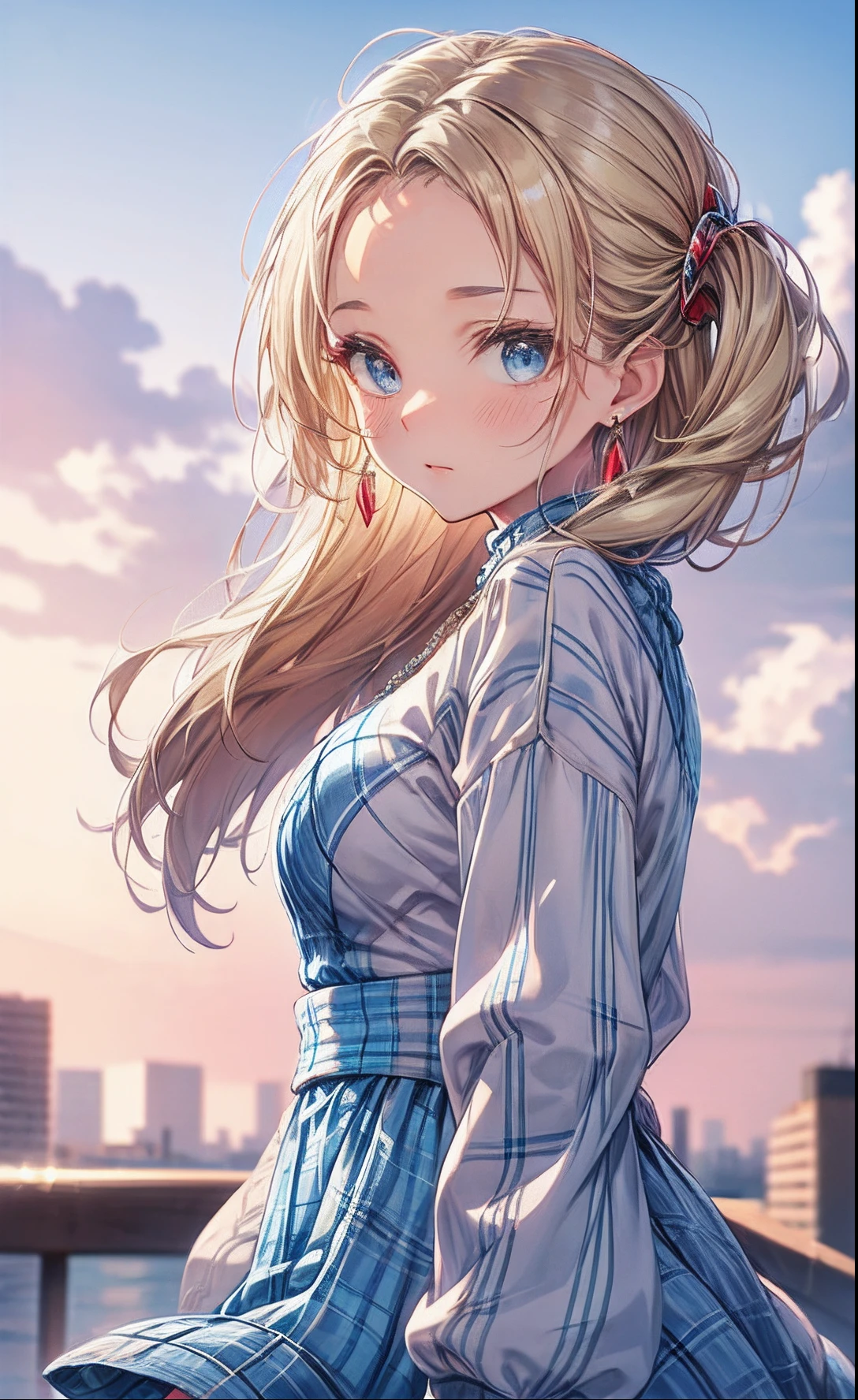 absurderes, ultra-detailliert,bright colour, extremely beautiful detailed anime face and eyes, view straight on, D-cups, shiny_skin,25 years old, Short hair, (Forehead:1.4), Blonde hair with short twin tails, Shiny hair, Delicate beautiful face, red blush、(cyan eyes:1.1), White skin, hair clips, earrings, a necklace, (Blue Plaid Sweater Dress:1.5), Beautiful cloud, Dusk sky,Full body