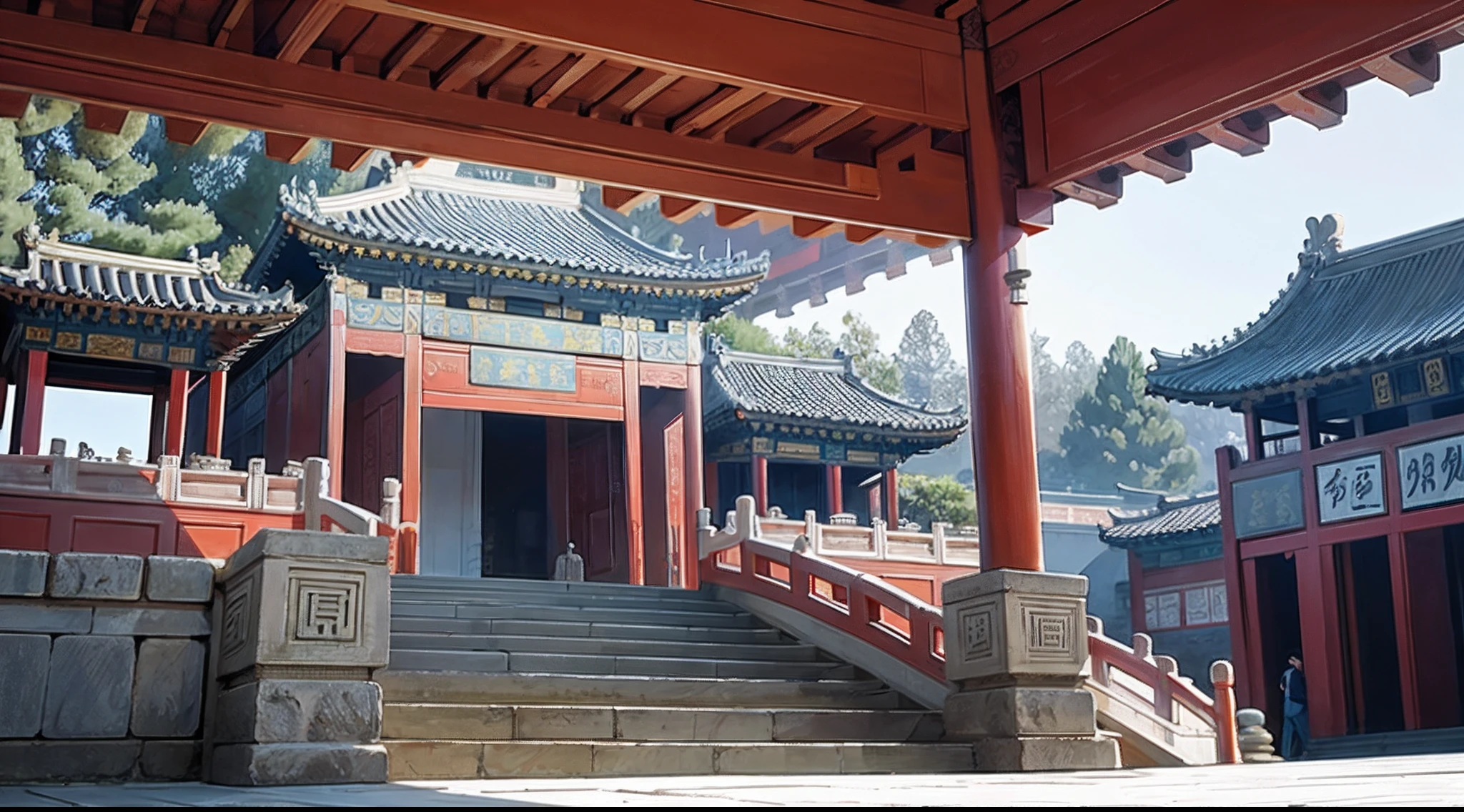 Chinese architectural painting, Beautiful rendering of the Tang Dynasty, Ancient Chinese architecture, Chinese architecture, Chinese watercolor style, inspired by Zhang Sengyao, Tang Dynasty Palace, Chinese style, , background depicting a temple