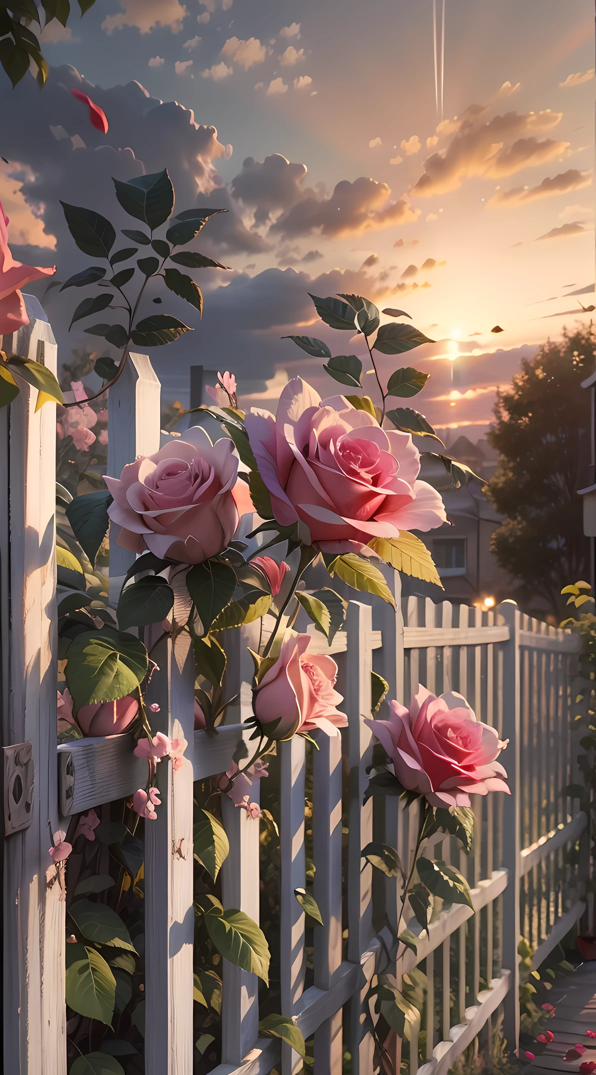 The sky is a magnificent sunset， In front is a row of white fences， The fence is covered with delicate roses，The colors are colorful， The whole picture is romantic，Realistic，High detail， hentail realism， color difference， lightand shade contrast， tmasterpiece， anatomy correct， super detailing， high detal， high qulity， Award-Awarded， Best quality at best， A high resolution，Only the view