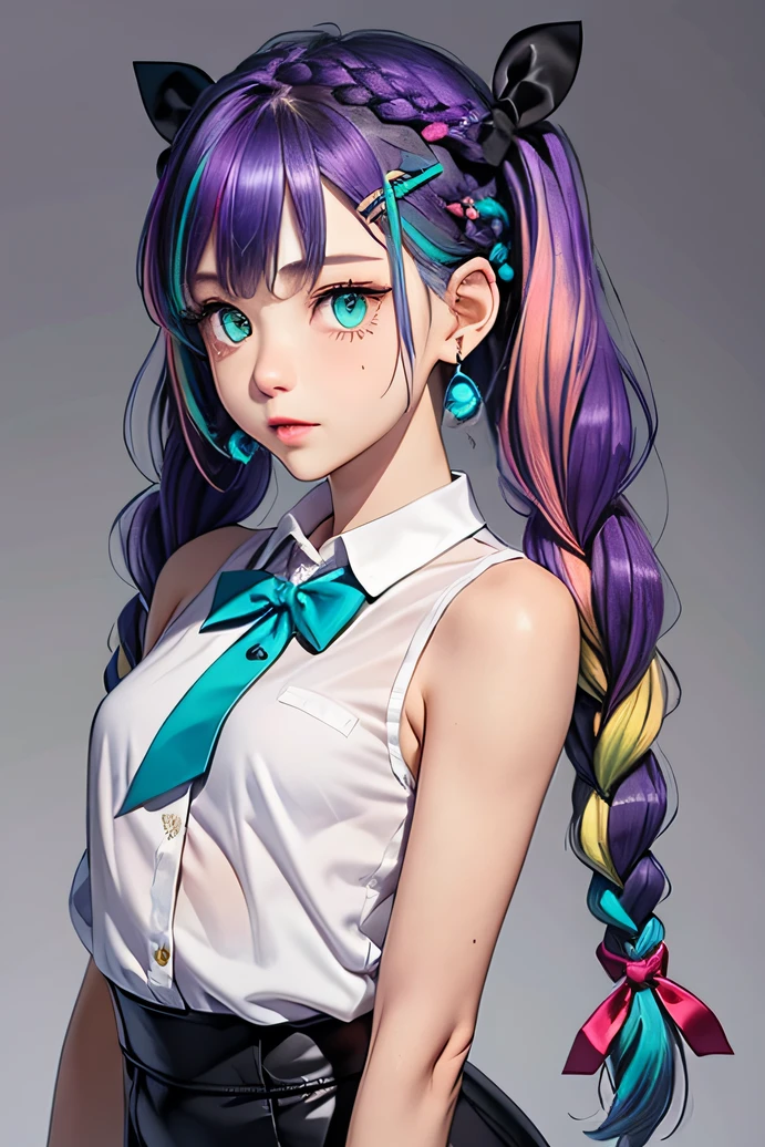 1girl, solo, upper body, dynamic pose, (twintail), bangs, twin braids, multicolored hair, multiple braids, (purple hair), collared shirt, (white shirt), sleeveless, (black pencil skirt), aqua eyes, hair bow, aqua bowtie, ribbon, hairclip, bracelet, jewelry, high heels, bare shoulders, skinny, shiny skin, oily skin, masterpiece, best quality, highres, absurdres, grey background,