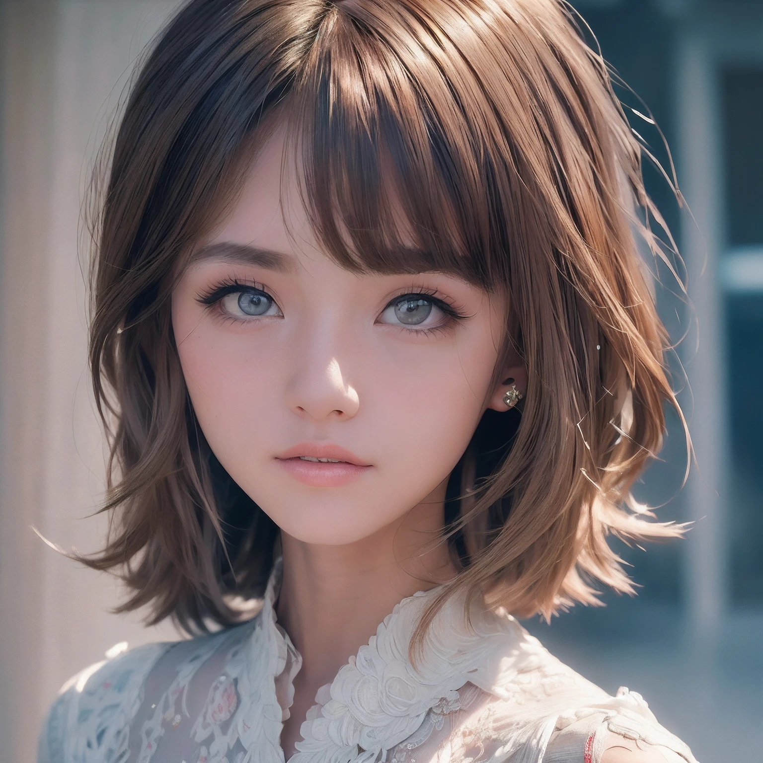 masutepiece, The highest image quality, High quality, Beautiful japanese girl, Cute, Intaglio idle diagram, Detailed, Detailed eyes, Detailed skin, Beautiful skin, 超A high resolution, (reality: 1.4),Very beautiful, Slightly younger face, Beautiful skin, slender, (Ultra photo realsisim), (hight resolution), (8K), (Very detailed) (beautifully detailed eyes), (super detailed), (wall-paper), (Detailed face), view the viewer, Fine details, Detailed face, sad, Sweaters, Skirt, Staring straight ahead, Staring straight ahead, angle from waist up, photos realistic, Bright lighting, Professional Lighting, Mature Woman, (Brown hair, Bob Hair, layers-Cut, Swaying in the wind, Bangs),