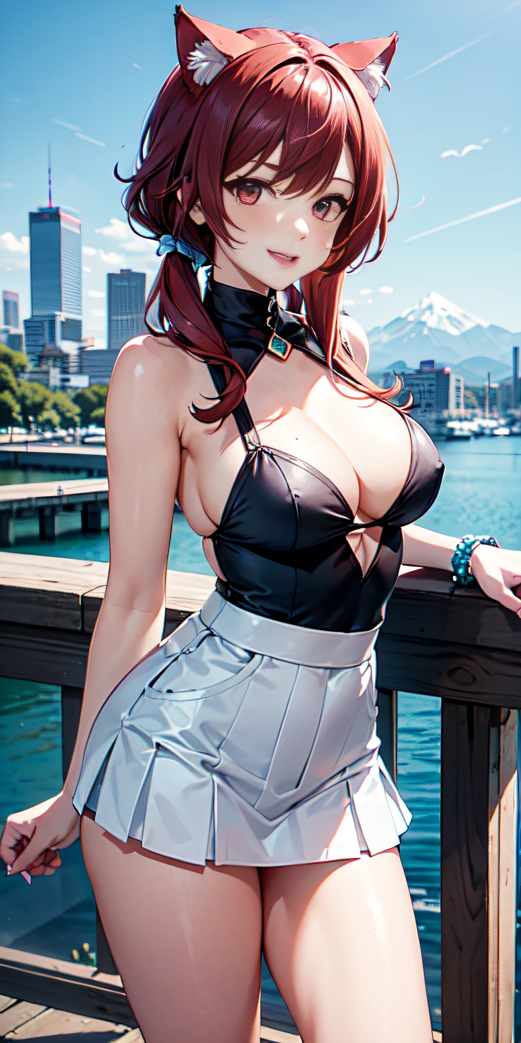 (solo 1 mujer)The anime character similar to Genshin Impact, a Suiza human woman of 18 years old, with magenta red hair, a beautiful and symmetrical face, happy and sticking out the tip of her tongue with cat ears instead of horns, ademas de super cachonda y fogosa, (wearing a short pleated miniskirt and blue and white) futuristic mountain clothing, with an Egyptian jewel collar and an adornment on the right thigh, with a city background