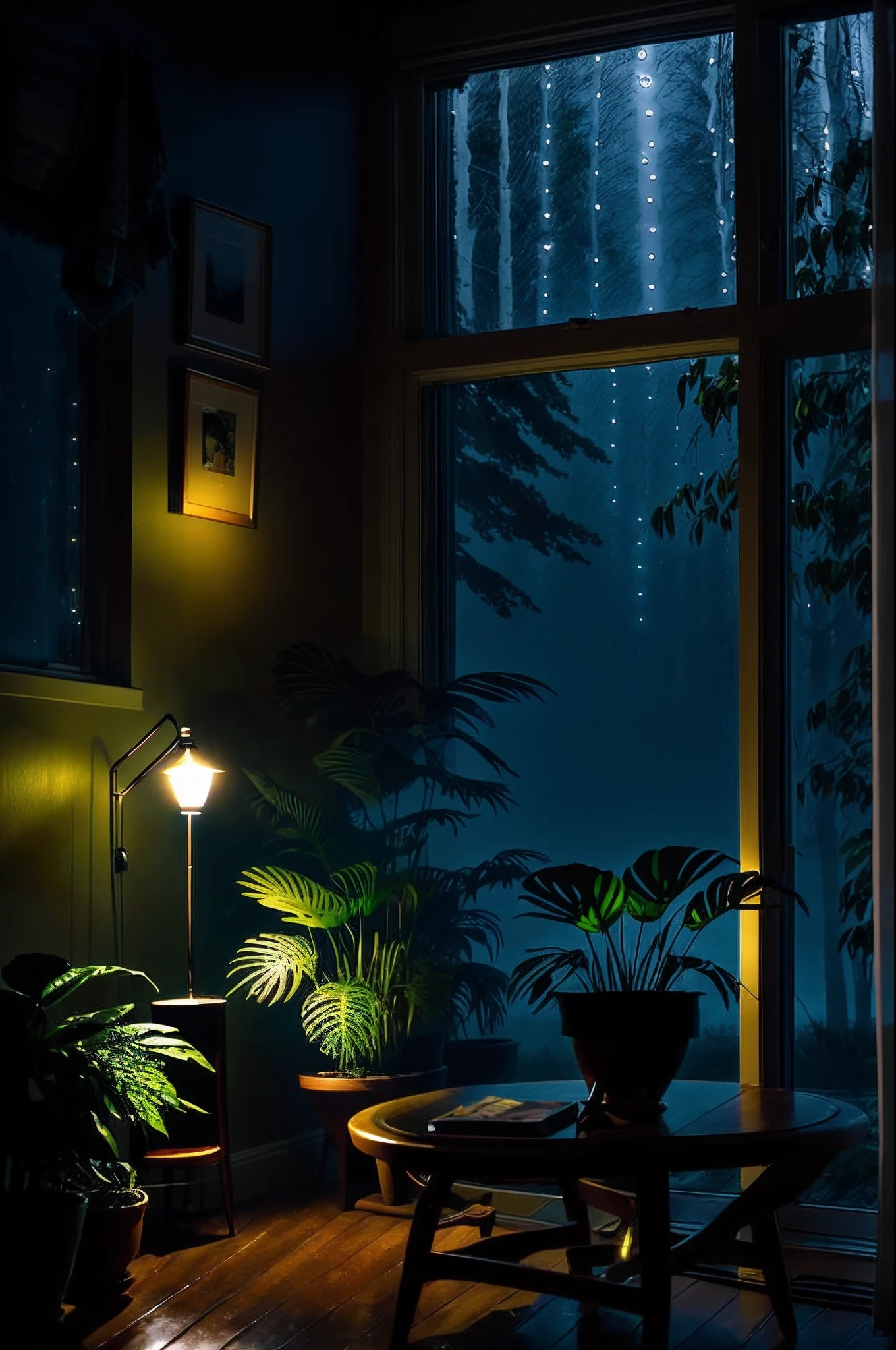 Mid-century modern living room dimly lit, outside is dark rainy nights, (foggy rainy nights: 1.2), Pacific Northwest, (dim lights: 1.4), (moody lights: 1.2), plants, figures, rainy days, monstera, many plants, (foggy windows: 1.2), masterpiece, best quality, twilight, (night: 1.4), rainy nights, after sunset,