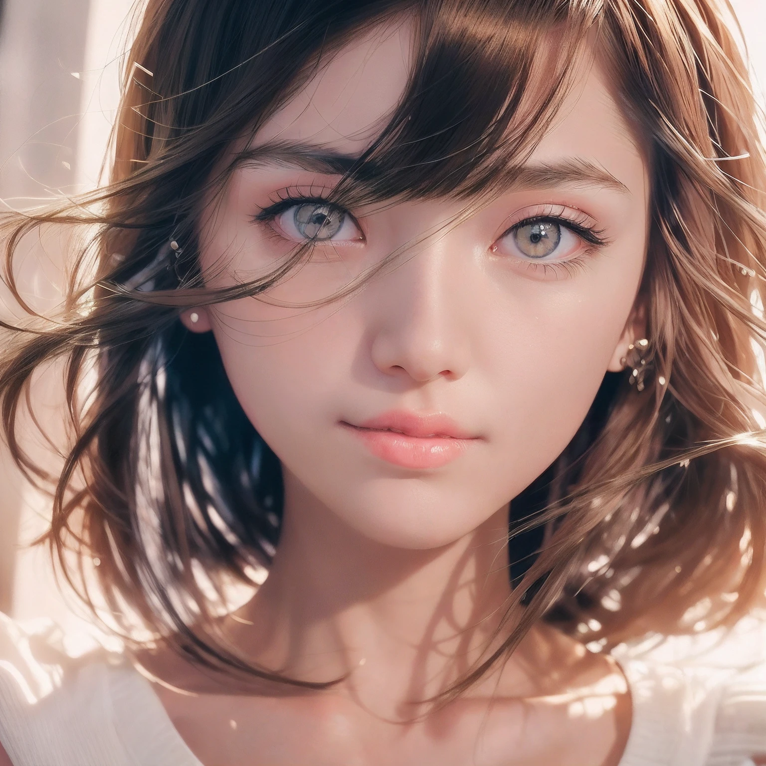 masutepiece, The highest image quality, High quality, Beautiful japanese girl, Cute, Intaglio idle diagram, Detailed, Detailed eyes, Detailed skin, Beautiful skin, 超A high resolution, (reality: 1.4),Very beautiful, Slightly younger face, Beautiful skin, slender, (Ultra photo realsisim), (hight resolution), (8K), (Very detailed) (beautifully detailed eyes), (super detailed), (wall-paper), (Detailed face), view the viewer, Fine details, Detailed face, sad, Sweaters, Skirt, Staring straight ahead, Staring straight ahead, angle from waist up, photos realistic, Bright lighting, Professional Lighting, Mature Woman, (Brown hair, Bob Hair, layers-Cut, Swaying in the wind, Bangs),