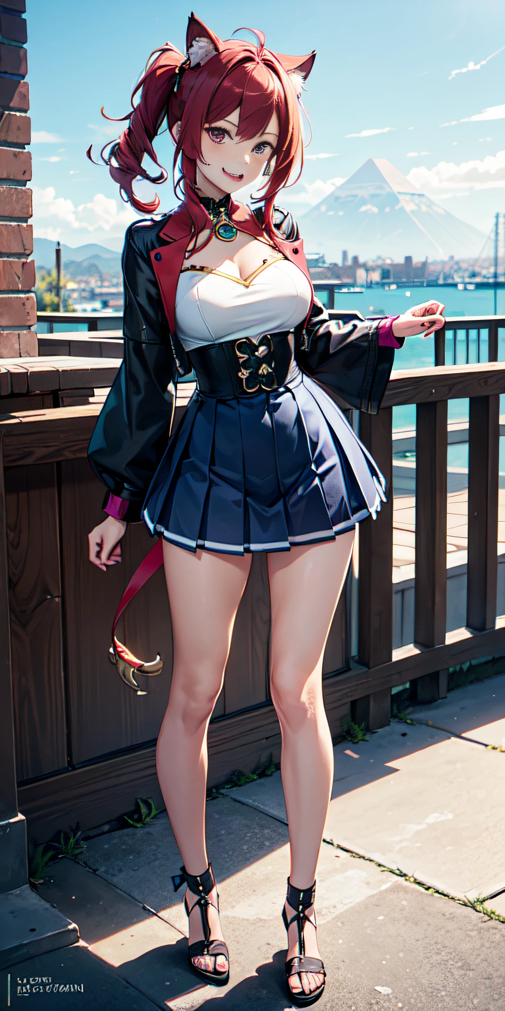 (solo 1 mujer), The anime character similar to Genshin Impact, a Suiza human woman of 18 years old, with magenta red hair, a beautiful and symmetrical face, happy and sticking out the tip of her tongue with cat ears instead of horns, ademas de super cachonda y fogosa, (wearing a short pleated miniskirt and blue and white) futuristic mountain clothing, with an Egyptian jewel collar and an adornment on the right thigh, with a city background