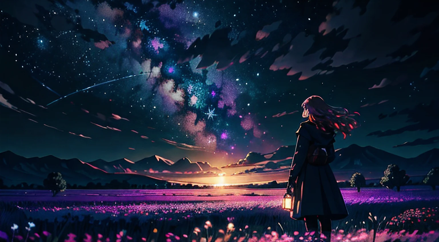 A wide landscape photo, (viewed from below, the sky is above, and the open field is below), a girl standing on a flower field looking up, (full moon: 1.2), (meteor: 0.9), (nebula: 1.3), distant mountains , Trees BREAK Crafting Art, (Warm Light: 1.2), (Firefly: 1.2), Lights, Lots of Purple and Orange, Intricate Details, Volumetric Lighting BREAK (Masterpiece: 1.2), (Best Quality), 4k, Ultra Detailed, (Dynamic Composition: 1.4), Rich in Detail and Color, (Rainbow Color: 1.2), (Glow, Atmospheric Lighting), Dreamy, Magical, (Solo: 1.2)
