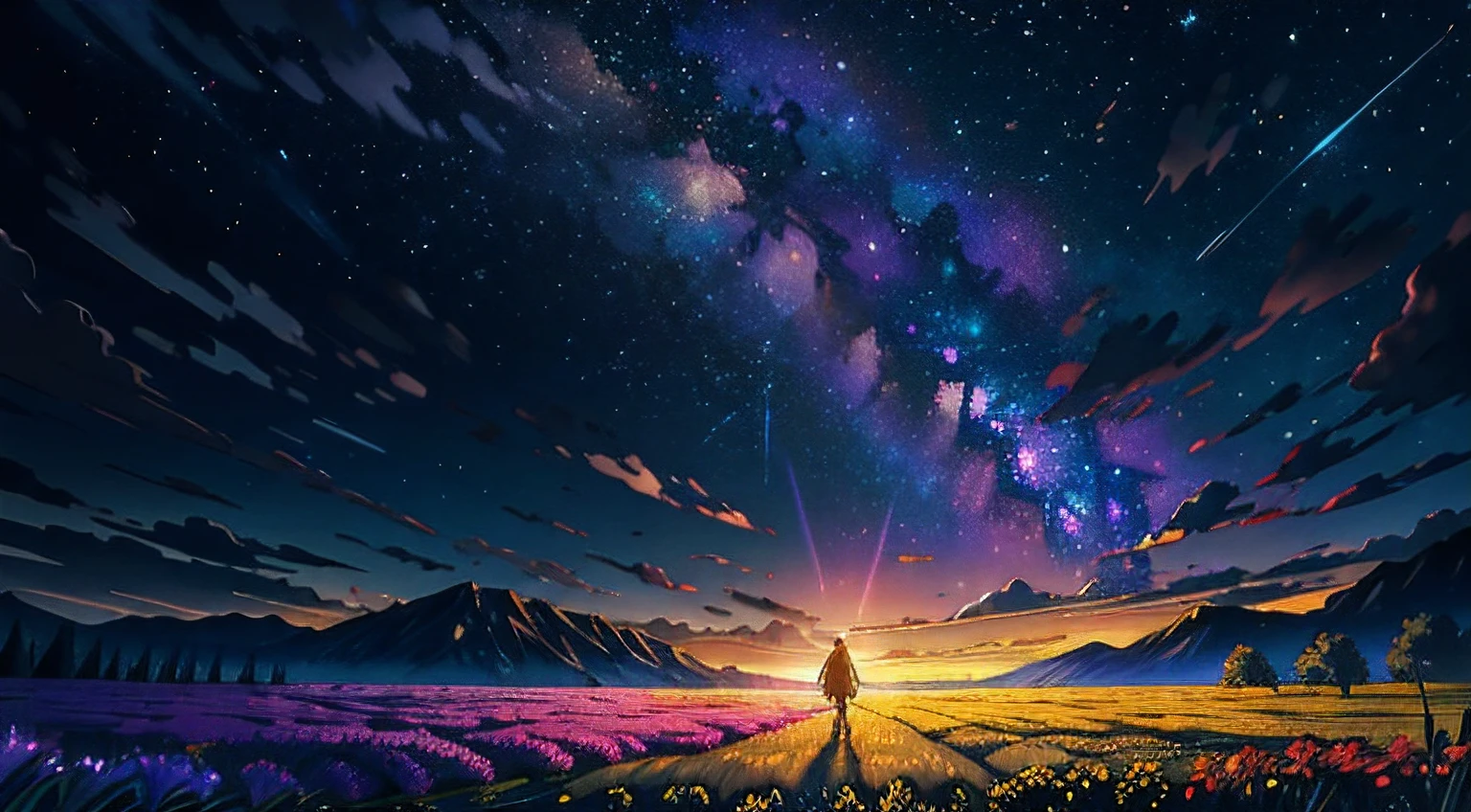 A wide landscape photo, (viewed from below, the sky is above, and the open field is below), a girl standing on a flower field looking up, (full moon: 1.2), (meteor: 0.9), (nebula: 1.3), distant mountains , Trees BREAK Crafting Art, (Warm Light: 1.2), (Firefly: 1.2), Lights, Lots of Purple and Orange, Intricate Details, Volumetric Lighting BREAK (Masterpiece: 1.2), (Best Quality), 4k, Ultra Detailed, (Dynamic Composition: 1.4), Rich in Detail and Color, (Rainbow Color: 1.2), (Glow, Atmospheric Lighting), Dreamy, Magical, (Solo: 1.2)