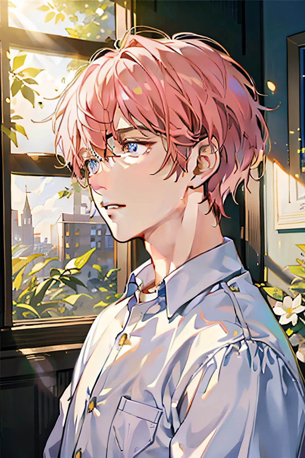 A boy,A young handsome guy,A young handsome guy with short pink hair wearing headphones is singing in the studio,On a sunny afternoon,Sunlight shining in the studio,and the sun was shining brightly、Warm atmosphere,Light came down through the window,Background in warm tones,Positive side,Close-up,bust,closeup of face,The face is delicate,Pseudo-thick coating,Light and thick application