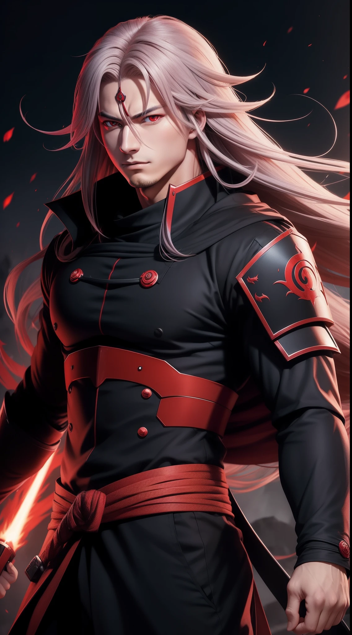 Hot profile picture, masterpiece, solo, extremely accurate rendering, cool beautiful Madara, reliable young man, savior of the world, simple design, best picture, 8K, red eyes pale, the same color as the original demon ninja.