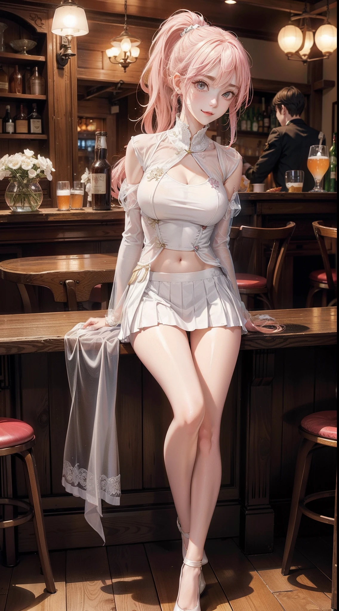 in a pub，The light is dim，Many strong men，Bar girls，White boatswain suit，Superskirt，drenched all over the body，Standing or sitting，Blonde or red or pink hair，Long or short hair or double ponytail or single ponytail or curly hair。see-through transparent clothes，No underwear，Garbage all over the ground，Plenty of milky liquid，long leges，Delicate face，extreme detailed eyes，largeeyes，Large breasts，Clothes are tight，Tulle clothes，Happy smile