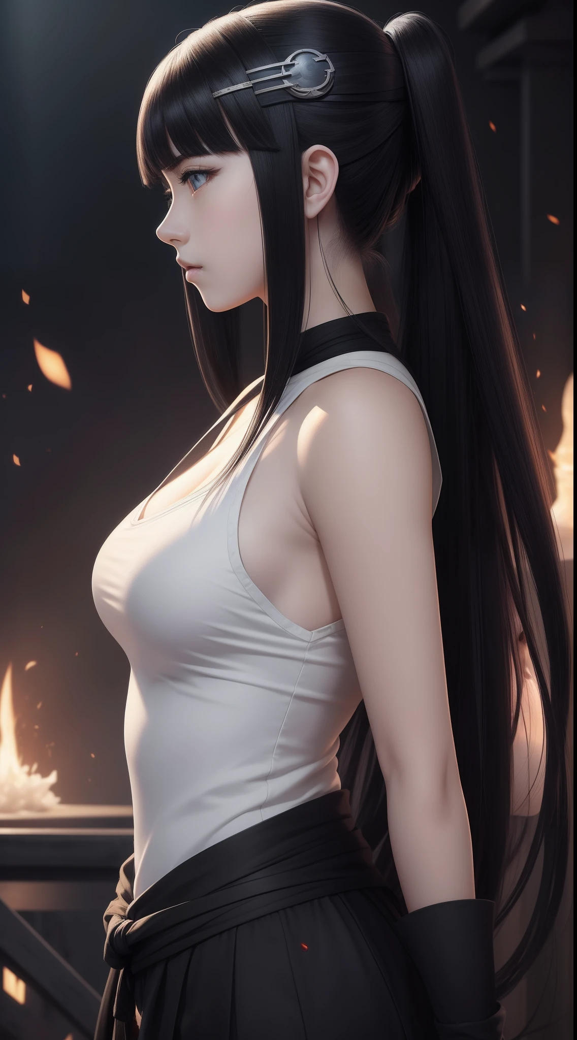 Sure, here is a detailed prompt for the image in English:

---

The image features a young woman with shoulder-length black hair standing against a two-toned background. The background is split vertically with the left side in a deep black and the right side in a light gray. The contrast between these colors creates a striking visual effect that draws the viewer's attention to the central figure.

The woman is positioned in profile, facing to the left. Her eyes are closed, and her expression is calm and serene, suggesting a moment of introspection or meditation. She is dressed in a white garment that appears to be disintegrating or merging with the background in an abstract manner.

From the left side of her body, black liquid-like splashes seem to emerge and blend into the dark background. These black splashes create a dynamic and somewhat chaotic effect, as if she is dissolving into the darkness. On the right side, contrasting white splashes emanate from her body, merging into the light gray background. This side appears more fluid and ethereal, giving a sense of purity and lightness.

The interplay between the black and white elements, combined with the woman's calm demeanor, creates a powerful representation of duality and balance. The abstract splashes add an element of movement and transformation, as if she is caught in the process of changing states or merging with her surroundings.

The overall composition is minimalist yet deeply expressive, utilizing color contrast and abstract forms to convey a sense of inner peace, transformation, and the coexistence of opposites. The image invites viewers to contemplate themes of identity, duality, and the fluid nature of existence.