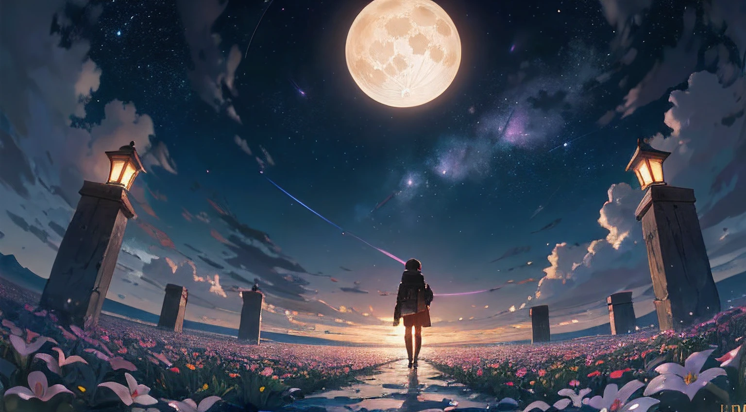 ((Best Quality)), ((Masterpiece)), Vast Landscape Photo, (From below, the sky above and the open field below), a girl standing on a flower field looking up, (Full Moon: 1.2), (Meteor: 0.9), (Nebula: 1.3), Far Mountains, Trees BREAK Making Art, (Warm Light Source: 1.2), (Firefly: 1.2), Lamps, Lots of Purple and Orange, Intricate Detailing, Volumetric Lighting, Realism BREAK (Masterpiece: 1.2), (Best Quality), 4K, Ultra-Detailed, (Dynamic Composition: 1.4), Very Detailed, Rich Detail, (Iridescent Colors: 1.2), (Glow, Atmospheric Lighting), Dreamy, Magical, (Solo: 1.2), Depth of Field, Maximum Sharpness and Clarity, Perfect Proportions,