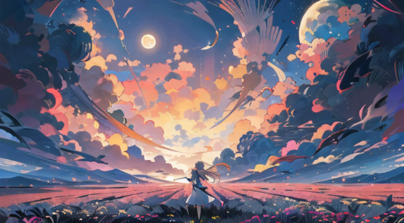 Expansive landscape photograph，（look from down，Above is the sky，Below are open fields），A girl standing on a flower field looking up，（moon full：1.2），（meteors：0.9），（Starcloud：1.3），Far Mountain, Tree BREAK making art，（Warm light source：1.2），（glowworm：1.2），lamp lights，Lots of purple and orange，Complicated details，Volumetriclighting，Realism BREAK（tmasterpiece：1.2），（best qualtiy），4K，Ultra-detailed，（dynamic compositions：1.4），The is very detailed，Colorful details，（Irridescent color：1.2），（luminouslighting，Atmospheric lighting），dream magical，magical，（独奏）,ultra very long shot(ova)	People from afar Great vision