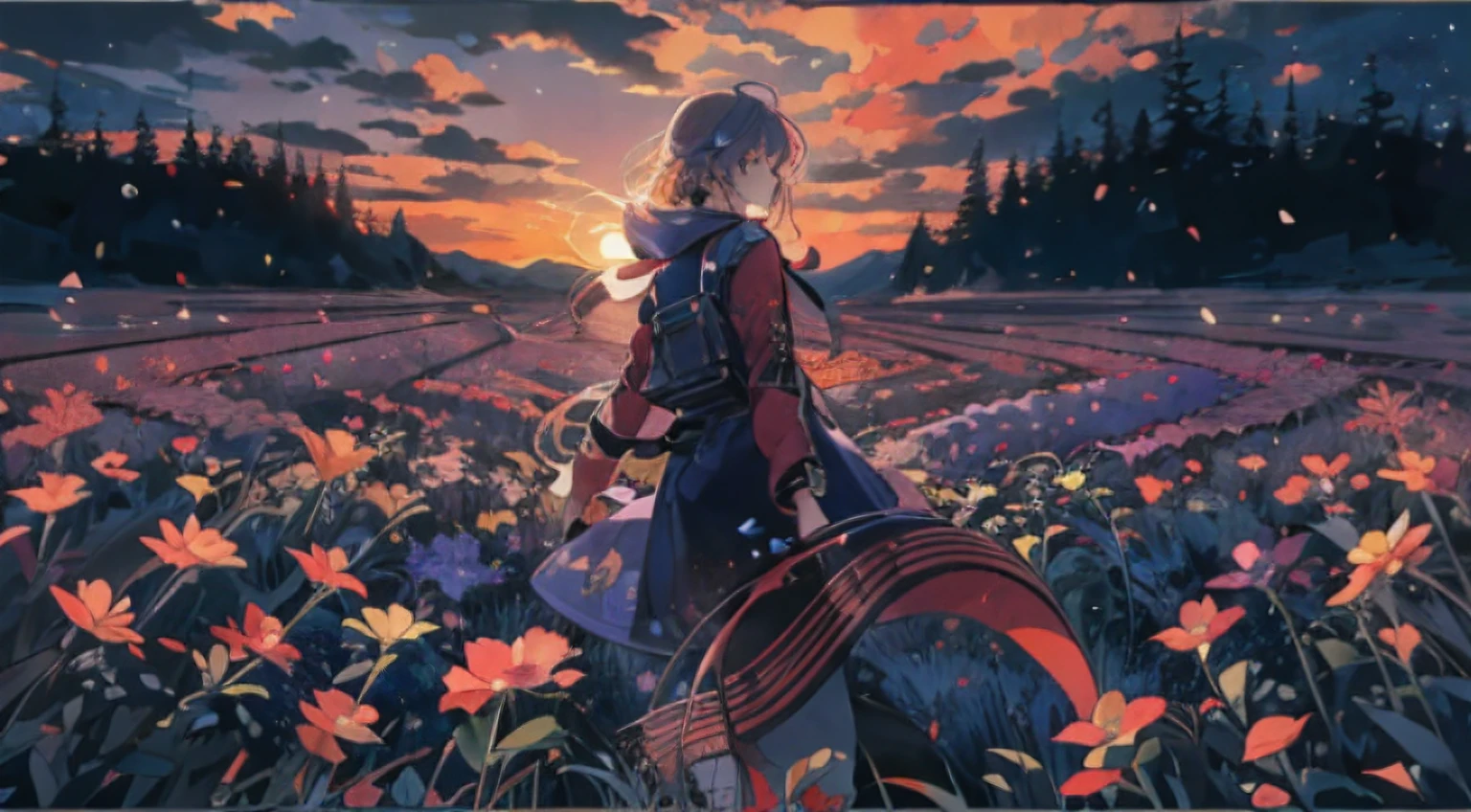Expansive landscape photograph，（look from down，Above is the sky，Below are open fields），A girl standing on a flower field looking up，（moon full：1.2），（meteors：0.9），（Starcloud：1.3），Far Mountain, Tree BREAK making art，（Warm light source：1.2），（glowworm：1.2），lamp lights，Lots of purple and orange，Complicated details，Volumetriclighting，Realism BREAK（tmasterpiece：1.2），（best qualtiy），4K，Ultra-detailed，（dynamic compositions：1.4），The is very detailed，Colorful details，（Irridescent color：1.2），（luminouslighting，Atmospheric lighting），dream magical，magical，（独奏）,ultra very long shot(ova)	People from afar Great vision