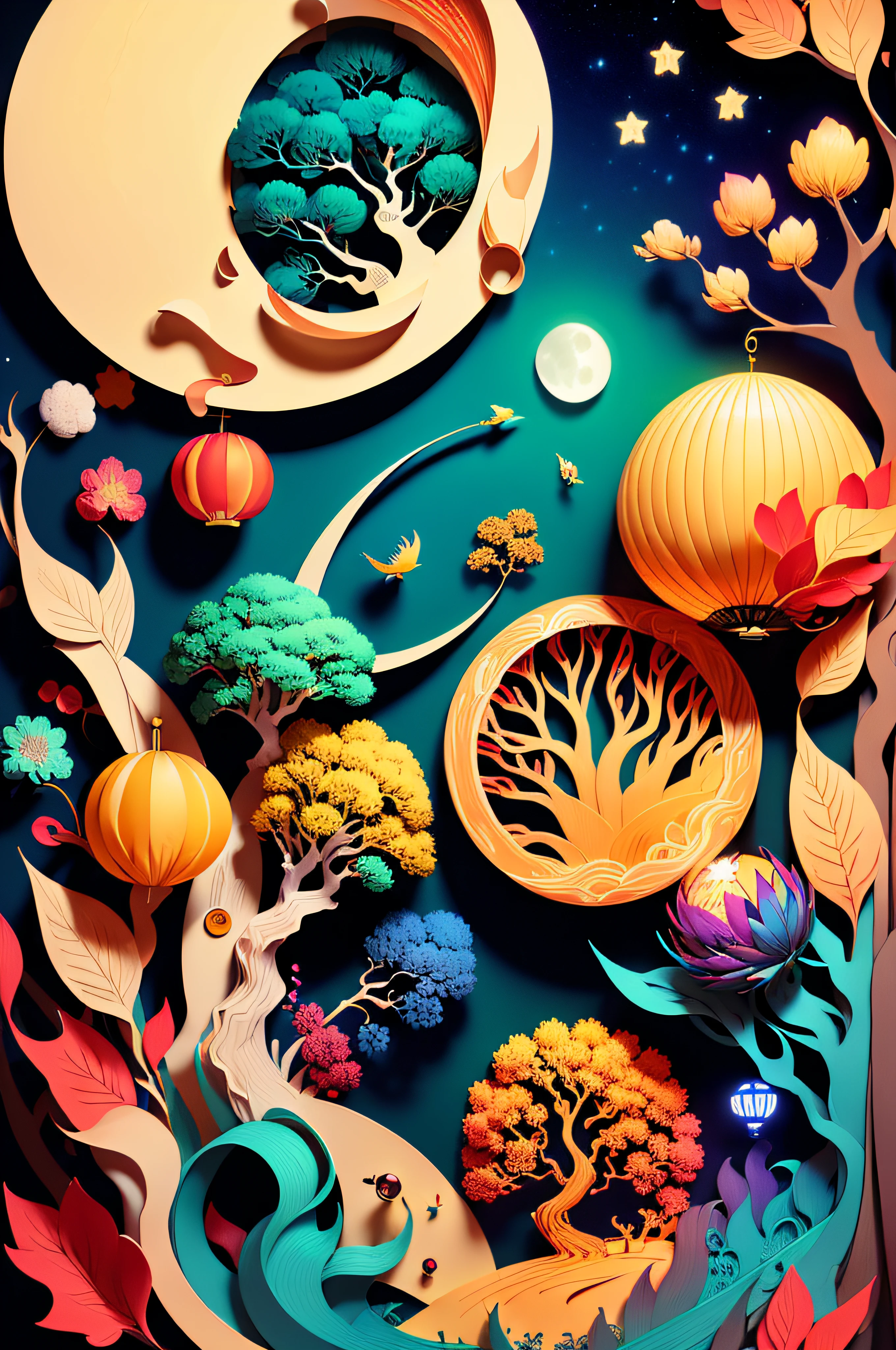 (((tmasterpiece)))，best qualtiy，illustratio，beautiful detail glow，
paper_cut， edgBunny， The tree，large moon，Mid-Autumn Festival