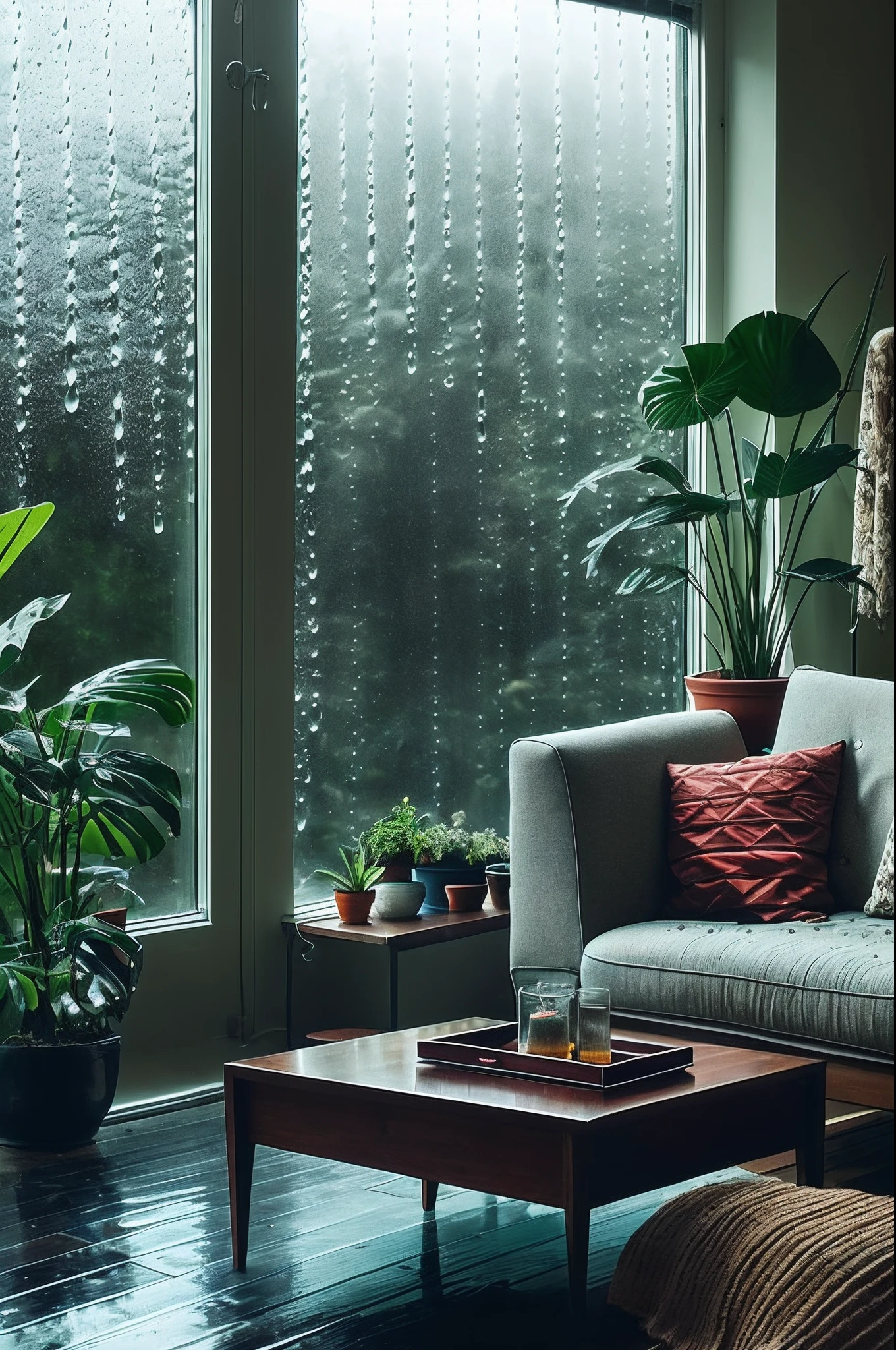 Mid-century modern living room dimly lit, outside is dark rainy nights, (foggy rainy nights: 1.2), Pacific Northwest, (dim lights: 1.4), (moody lights: 1.2), plants, large plants, rainy days, monstera, many plants, (foggy windows: 1.2), masterpiece, best quality, twilight, (night: 1.4), rainy nights, after sunset,