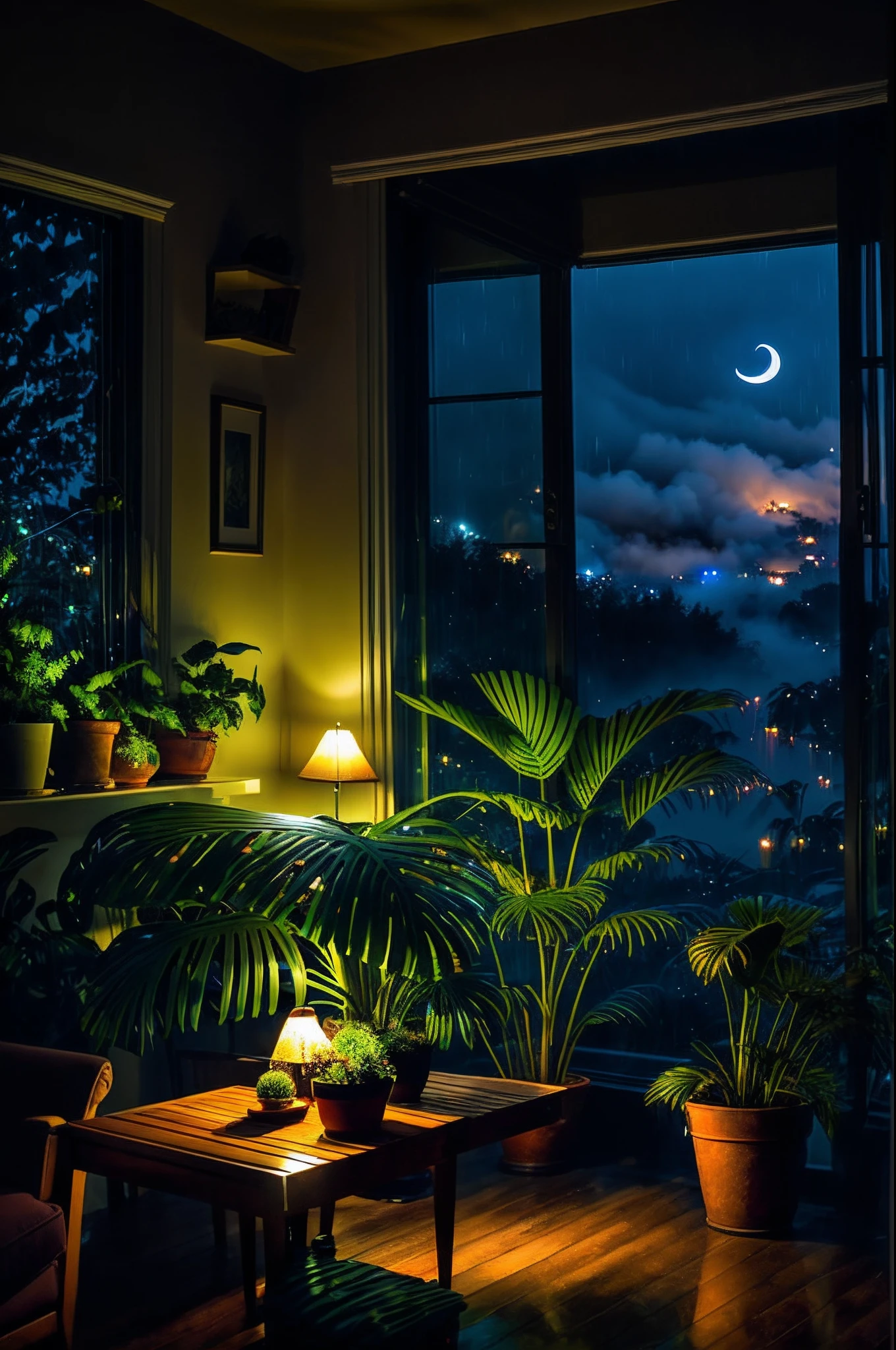 Mid-century modern living room dimly lit, outside is dark rainy nights, (foggy rainy nights: 1.2), Pacific Northwest, (dim lights: 1.4), (moody lights: 1.2), plants, large plants, rainy days, monstera, many plants, (foggy windows: 1.2), masterpiece, best quality, twilight, (night: 1.4), rainy nights, after sunset,