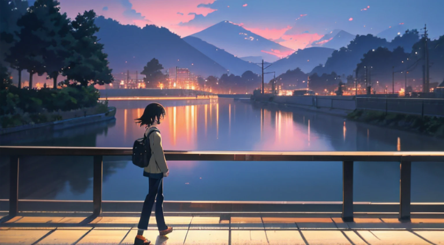 Masterpiece, anime train on tracks through a body of water, pink train. Romantic Train, Makoto Shinkai's picture, pixiv, concept art, lofi art style, reflection. by makoto shinkai, lofi art, beautiful anime scenes, anime scenery, detailed scenery—width 672, in style of makoto shinkai, style of makoto shinkai, details enhanced.