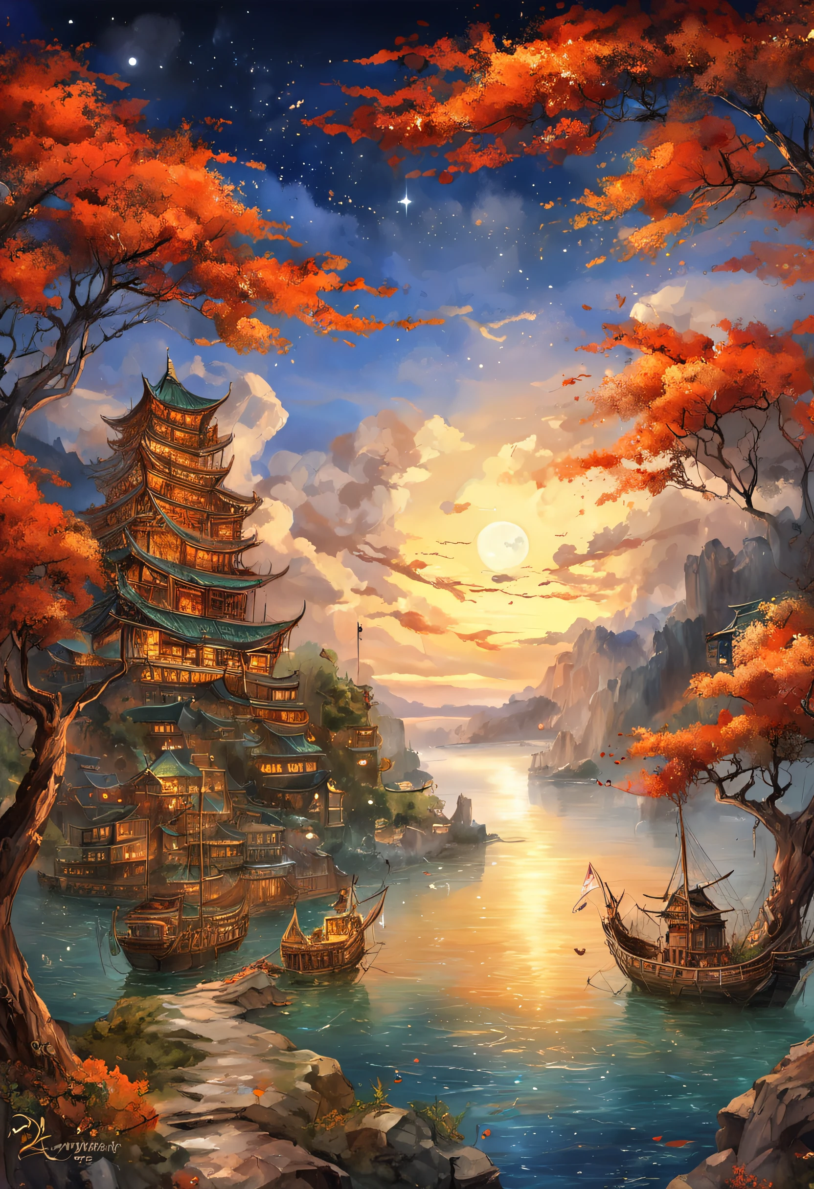 extremely detailed 8k wallpaper,(highly detailed:1.1), ((masterpiece:1.1)),[anime:Impasto:0.5], intricate , fantasy,(1ship),(ocean:1.2),[golden boat:golden boat with (green fire:1.2):0.1], clear sky ,wind ,beautiful sky,(nightsky),(galaxy), (huge blood moon in the background:1.05)