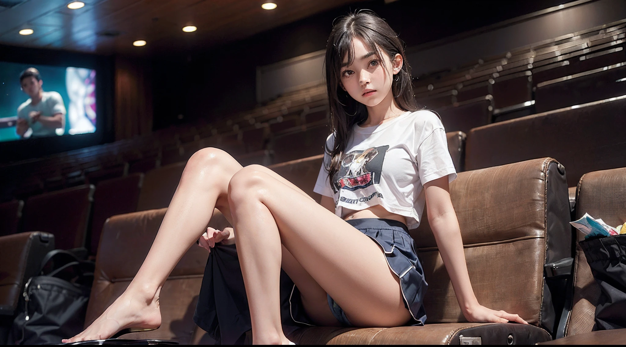 a 18 year old girl, Sitting in a movie theater, Bokeh, Perfect Figure, (((Hand-lifted skirt, boxer shorts, I can see the panties))), ((My eyes crossed, captivating)), Short T-shirt, slim tummy, (mini-skirt),(Spread your legs), Sit with your legs apart,
