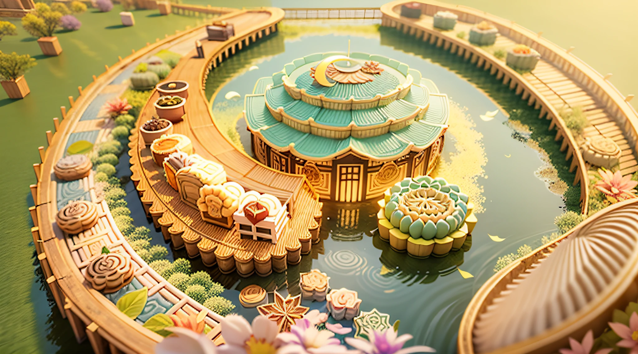 Mooncakes form a giant performance stage，Background of river flow，Bright moon，best qualtiy，3D modeling rendering，C4D style，wide wide shot，8K，