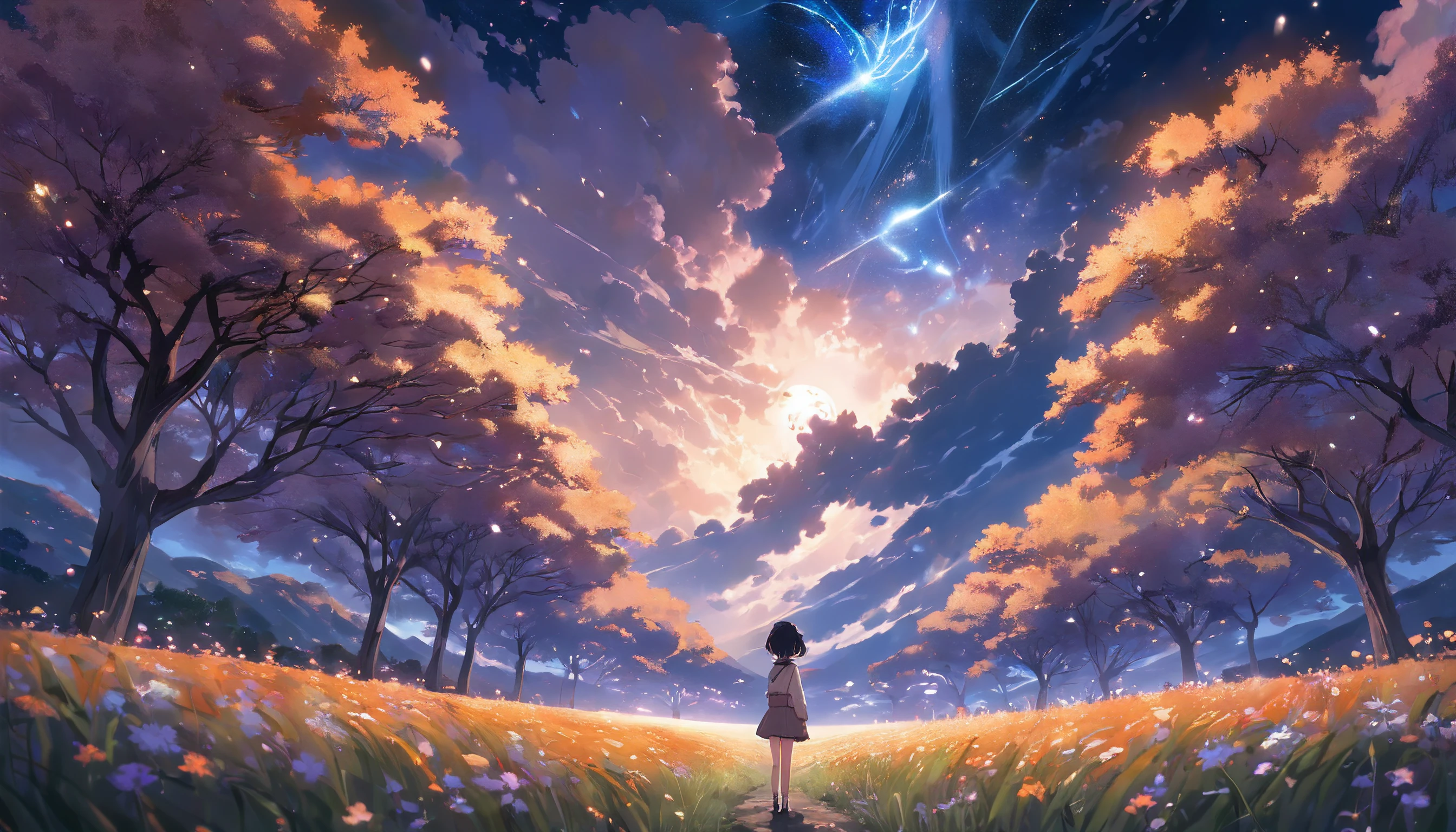 Makoto Shinkai, Expansive landscape photograph , (View from below,Displays the sky above and the clearing below), a girl standing on flower field looking up, (full moon:1.2), ( meteors:0.9), (Starcloud:1.3), Far Mountain, Tree BREAK Production Art, (Warm light source:1.2), (Firefly:1.2), lamp lights, lots of purples and oranges, Intricate details, Volumetric lighting BREAK (Masterpiece:1.2), (Best quality), 4K, Ultra-detailed, (Dynamic composition:1.4), Highly detailed, Colorful details,( Iridescent colors:1.2), (luminouslighting, Atmospheric lighting), Dreamy, magical, (Solo:1.2)