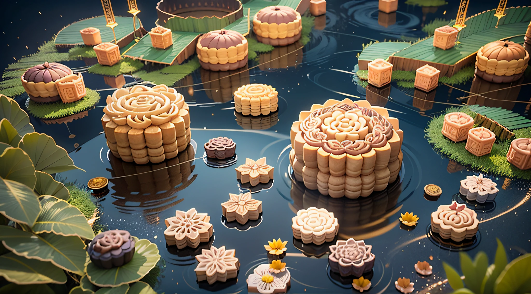 Mooncakes form a giant performance stage，Background of river flow，Bright moon，best qualtiy，3D modeling rendering，C4D style，wide wide shot，8K，