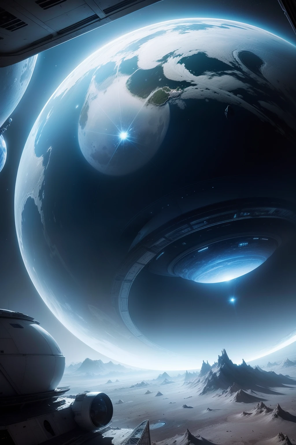On the lunar surface, there exists an advanced space base from Earth. In the backdrop, a futuristic city is constructed within transparent domes, allowing a view of the blue Earth.