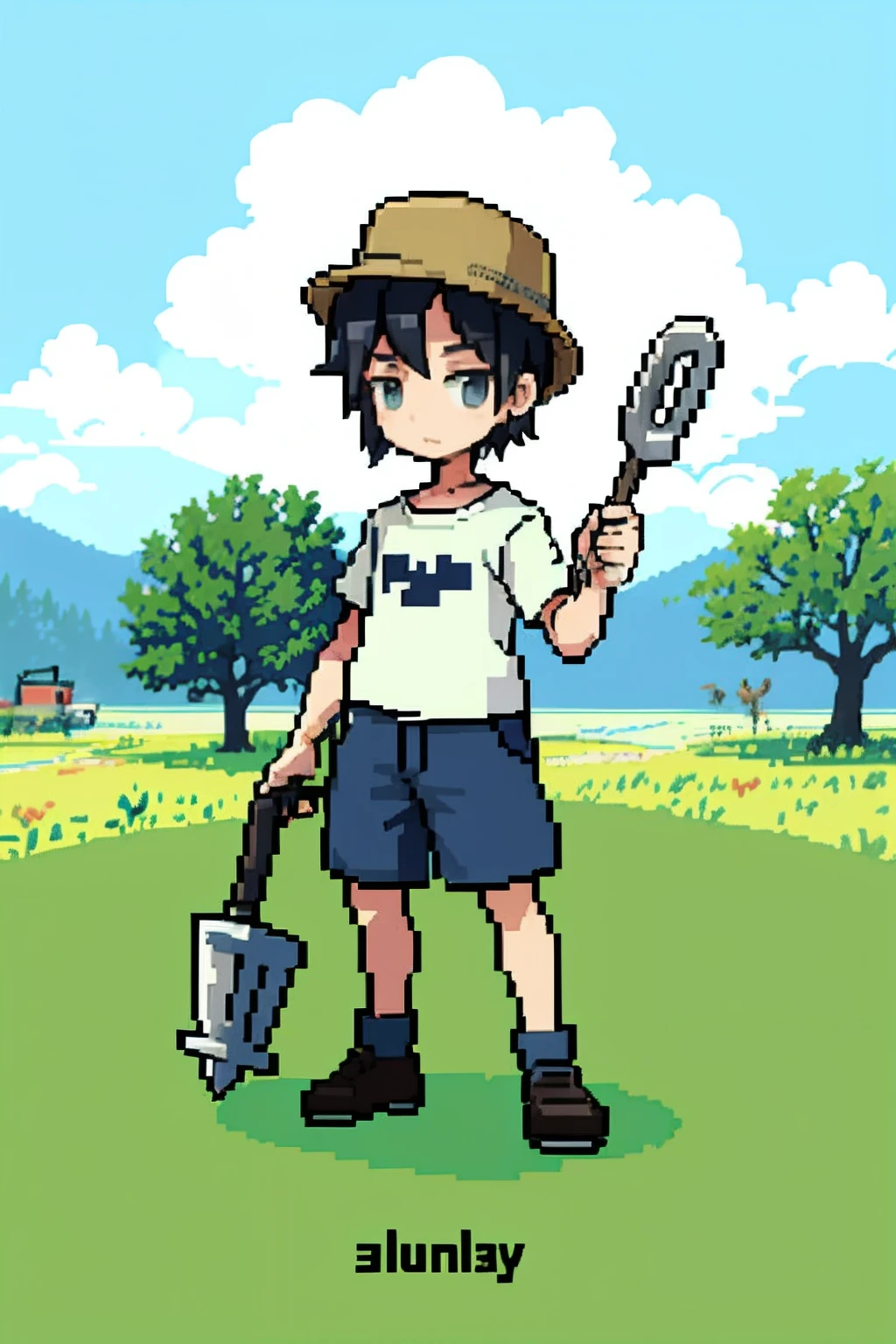 pix, Pixel art, 1boy, Black hair, Farmer hat, farmer, Take a shovel fork