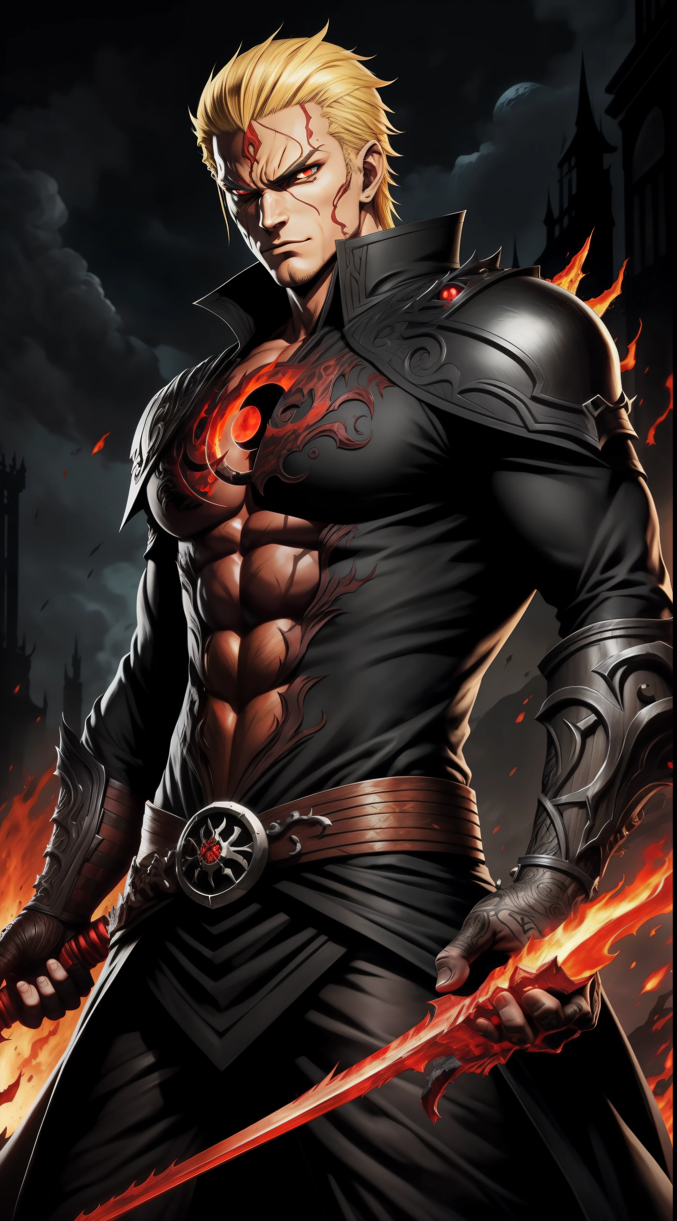 Zoro handsome face blond hair, black fire reflective body, red eyes, solo, alduin, darksiders style, darksiders art style, crazy guts, red sharp eyes, black ancalagon.