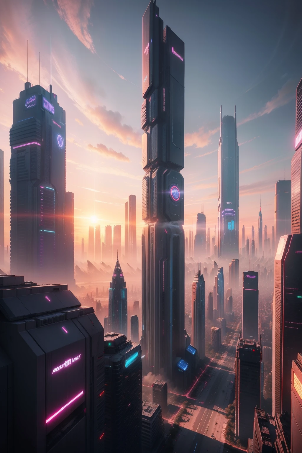 a wide shot of a futuristic city metropolis day, sunset, cyberpunk streets