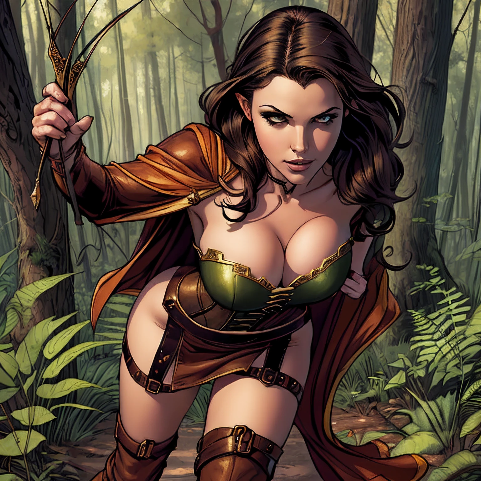 (masterpiece, top quality, best quality, official art, beautiful and aesthetic:1.2), (1girl:1.3), dark brown hair in a single braid, extremely detailed, portrait, looking at viewer, solo, (full body:0.6), detailed background, close up, cat eyes, (warm summer forest theme:1.1), (elf) ranger, charlatan, smirk, mysterious, walking in forest, revealing ranger attire, brown leather, cowl, cloak, corset, long boots, buckles, straps, pouches, bow and arrow, green fabric, brown leather, gigantic breasts, cleavage, skindentation, slim waist, slim hips, long legs, medieval (forest exterior:1.1) background, dark mysterious lighting, shadows, magical atmosphere, dutch angle