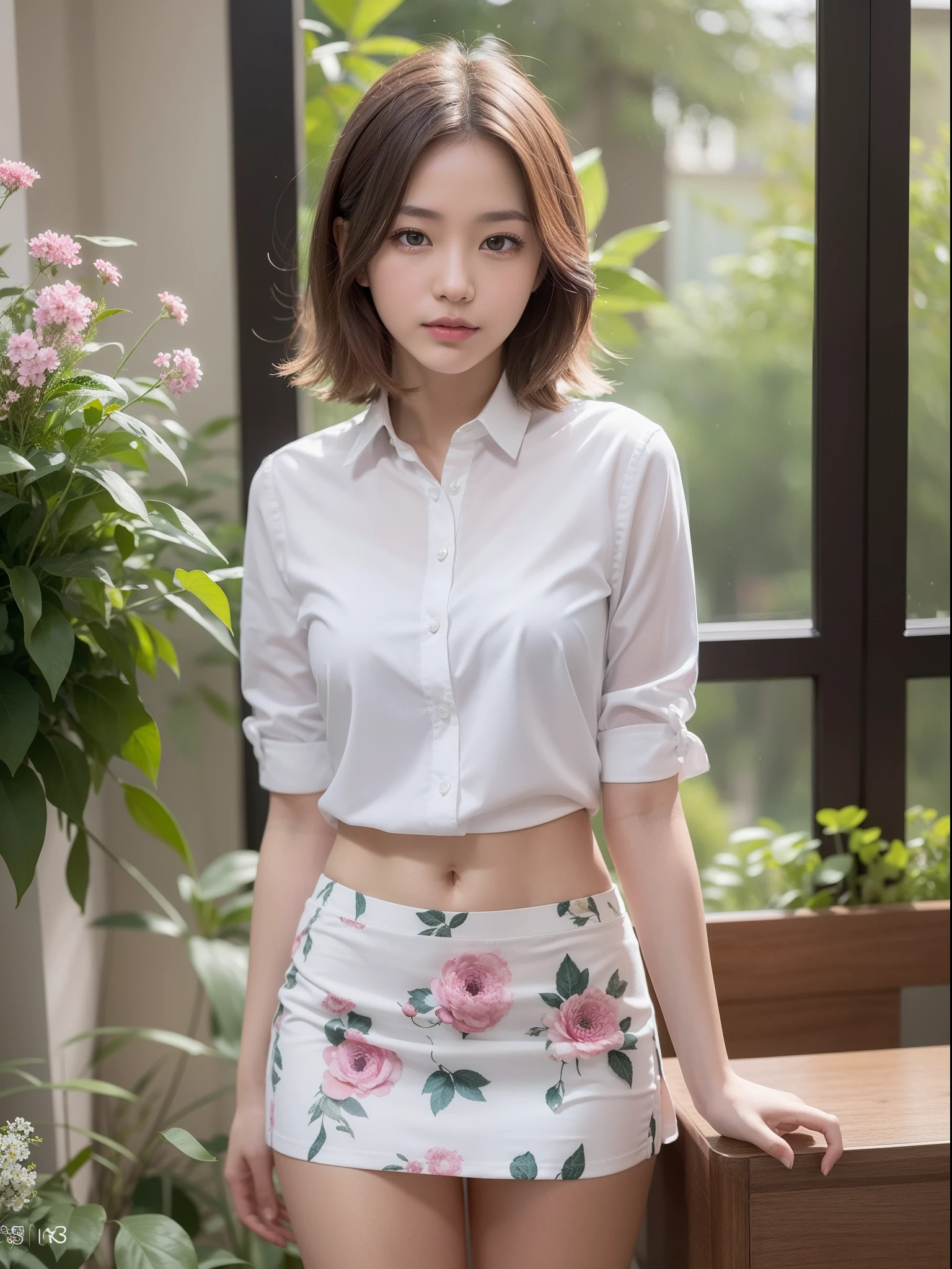 ((of the highest quality, 8K, masutepiece: 1.3, Raw photo)), Sharp Focus: 1.2, (1 AESPA Girl :1.1), Solo, (Realistic, Photorealistic: 1.37), (Face Focus: 1.1), Cute face, hyperdetailed face, short messy hair, Small Smile, slender, (white blouse, skirt: 1.2), standing office room, (show panties:1.2), bloom flower