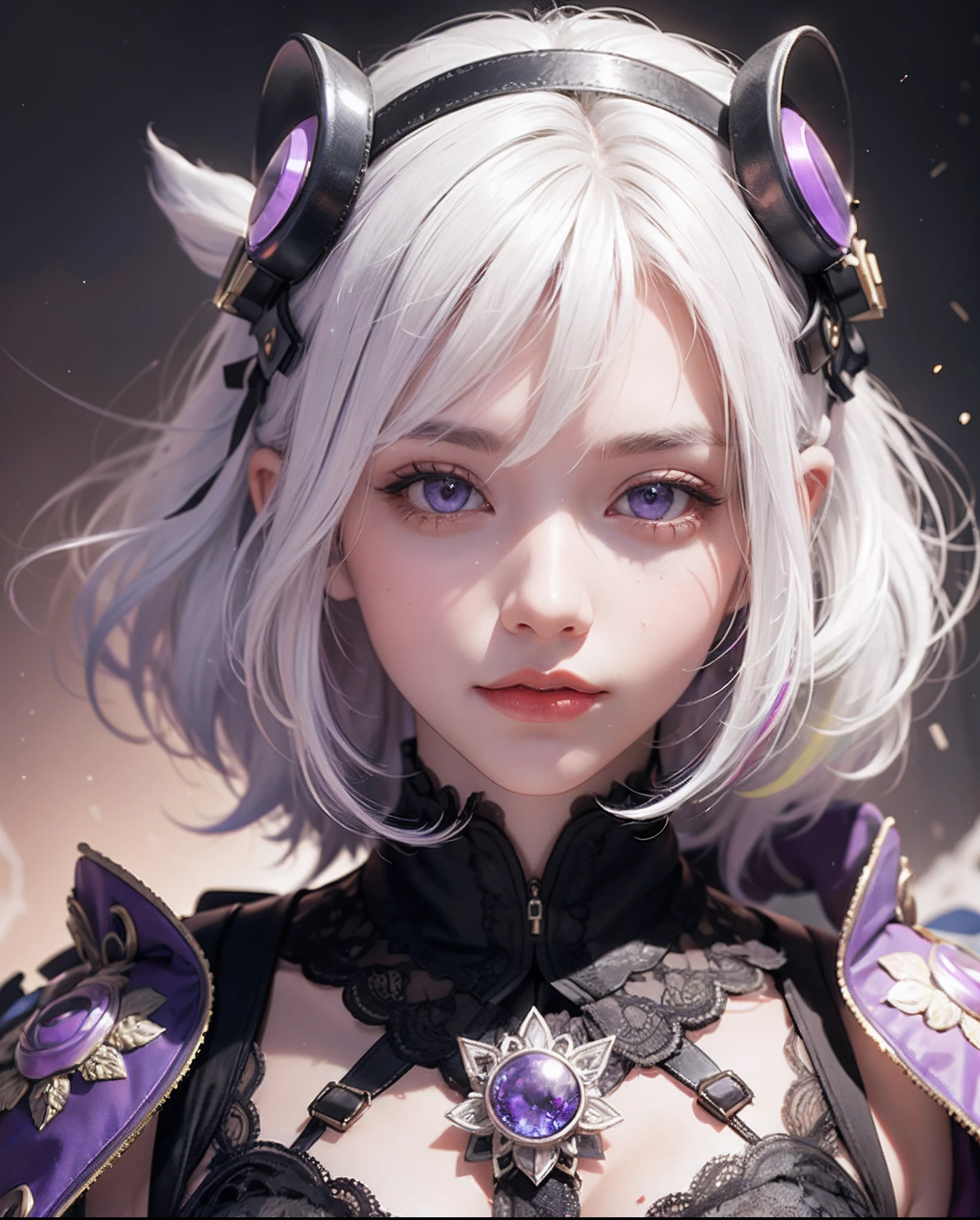 1girl, white hair, multicolored hair, purple eyes, mask on head, sidelighting, light particles, wallpaper,