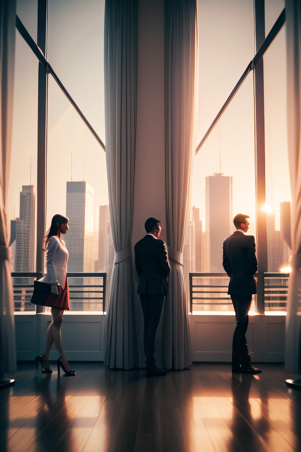 Multiple people in an executive room, todas pessoas vestidas com roupas formais de luxo, carregando celulares apple, ambiente rico