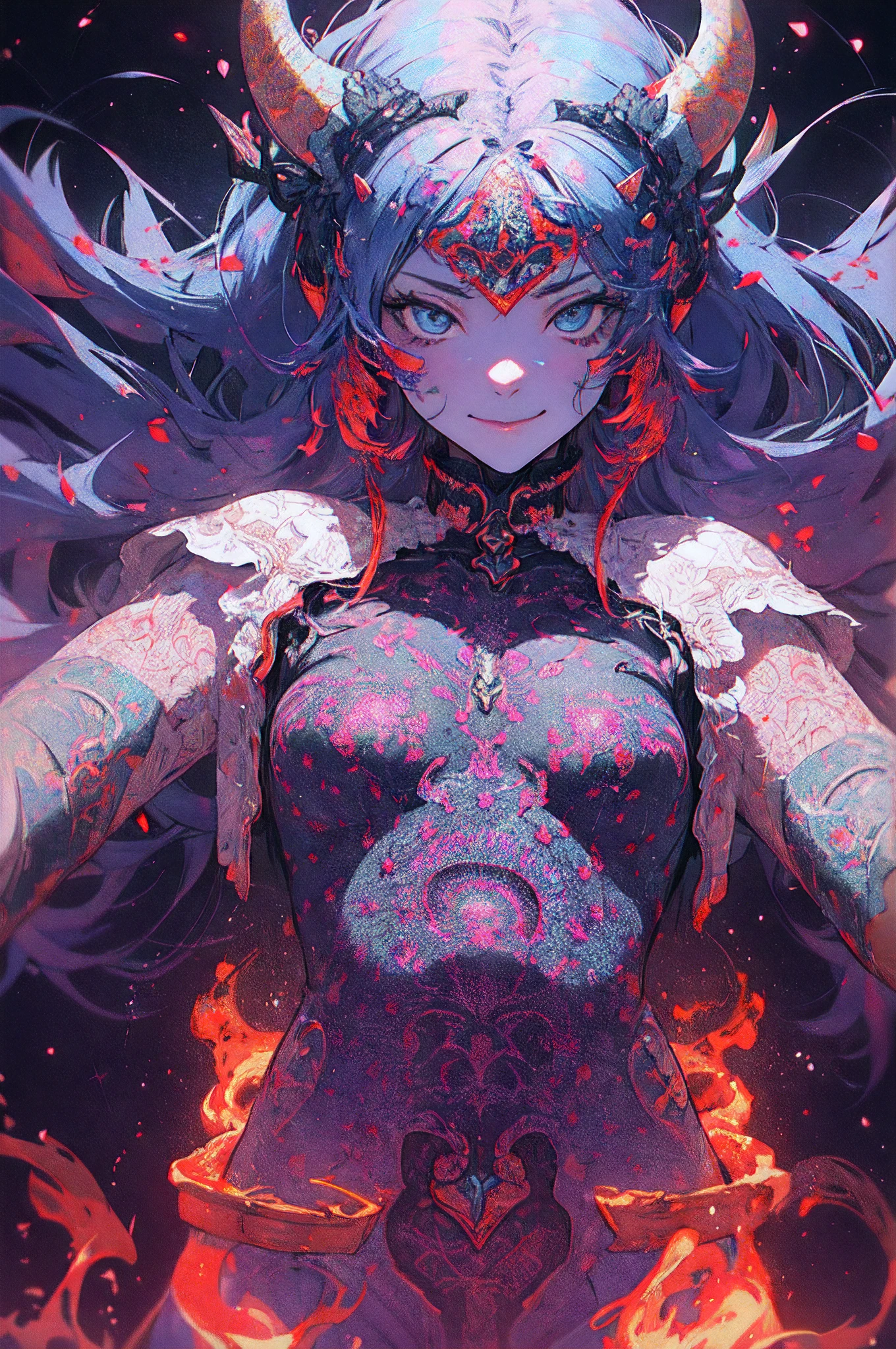 ((Demon God)),A corner,enemies,Object of fear,innocent smiles,(1 girl, Solo:1.6),(Best Impact:1.5), (maximalism:1.7),Vivid contrast, (Realistic), hyperrealistic illustrations, hight resolution, ultra-detailliert, absurderes,(Fractal Art:1.3)、Random hairstyle、Random hair color colorful、Iridescent eyes、FULL BODYSHOT、Retro、Precise focus、randome pose、cinema4d、Drama