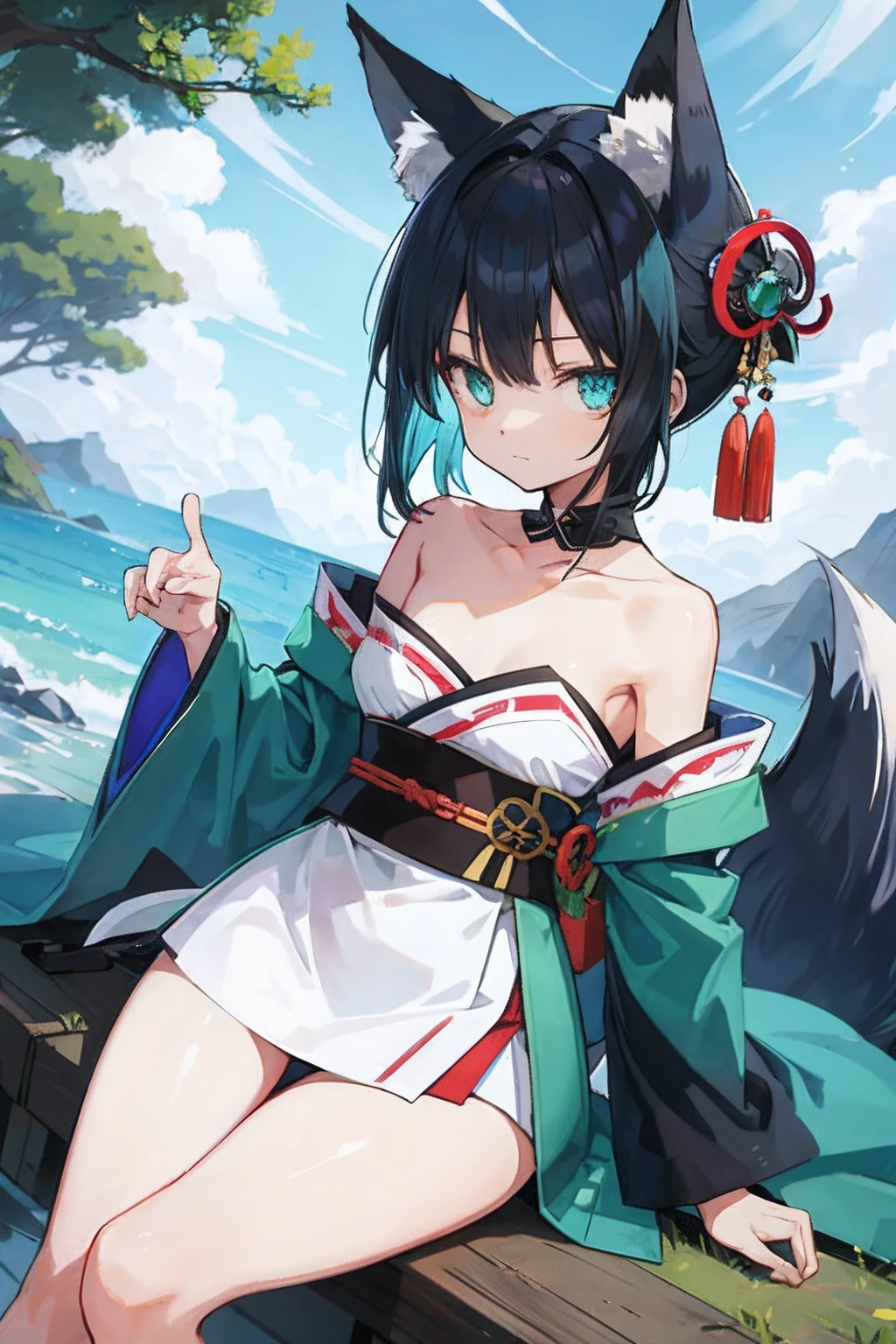 small breast, normal thigh, green and blue eyes, loli, black hair, fox ear, kimono