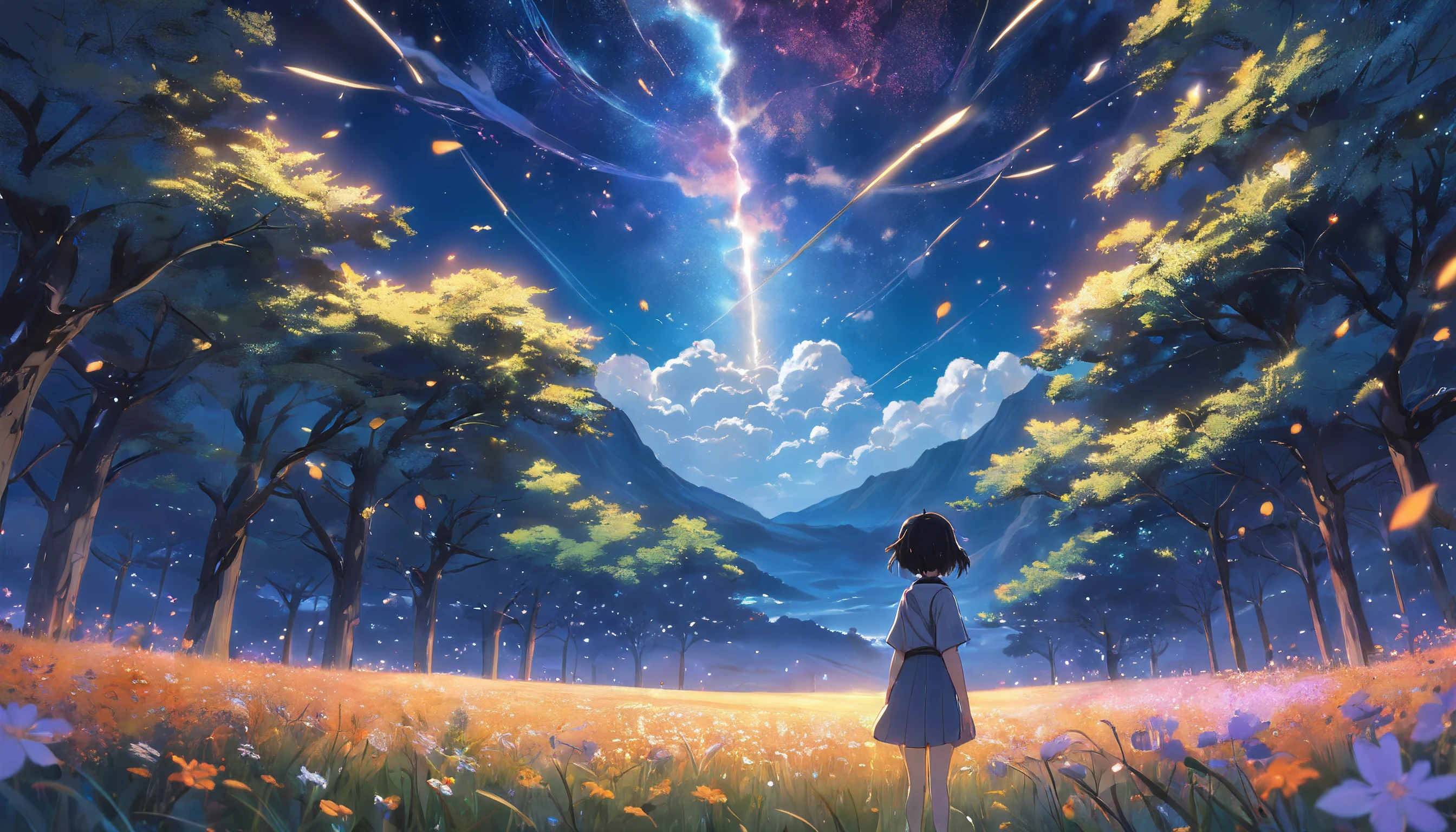 Makoto Shinkai, Expansive landscape photograph , (View from below,Displays the sky above and the clearing below), a girl standing on flower field looking up, (full moon:1.2), ( meteors:0.9), (Starcloud:1.3), Far Mountain, Tree BREAK Production Art, (Warm light source:1.2), (Firefly:1.2), lamp lights, lots of purples and oranges, Intricate details, Volumetric lighting BREAK (Masterpiece:1.2), (Best quality), 4K, Ultra-detailed, (Dynamic composition:1.4), Highly detailed, Colorful details,( Iridescent colors:1.2), (luminouslighting, Atmospheric lighting), Dreamy, magical, (Solo:1.2)
