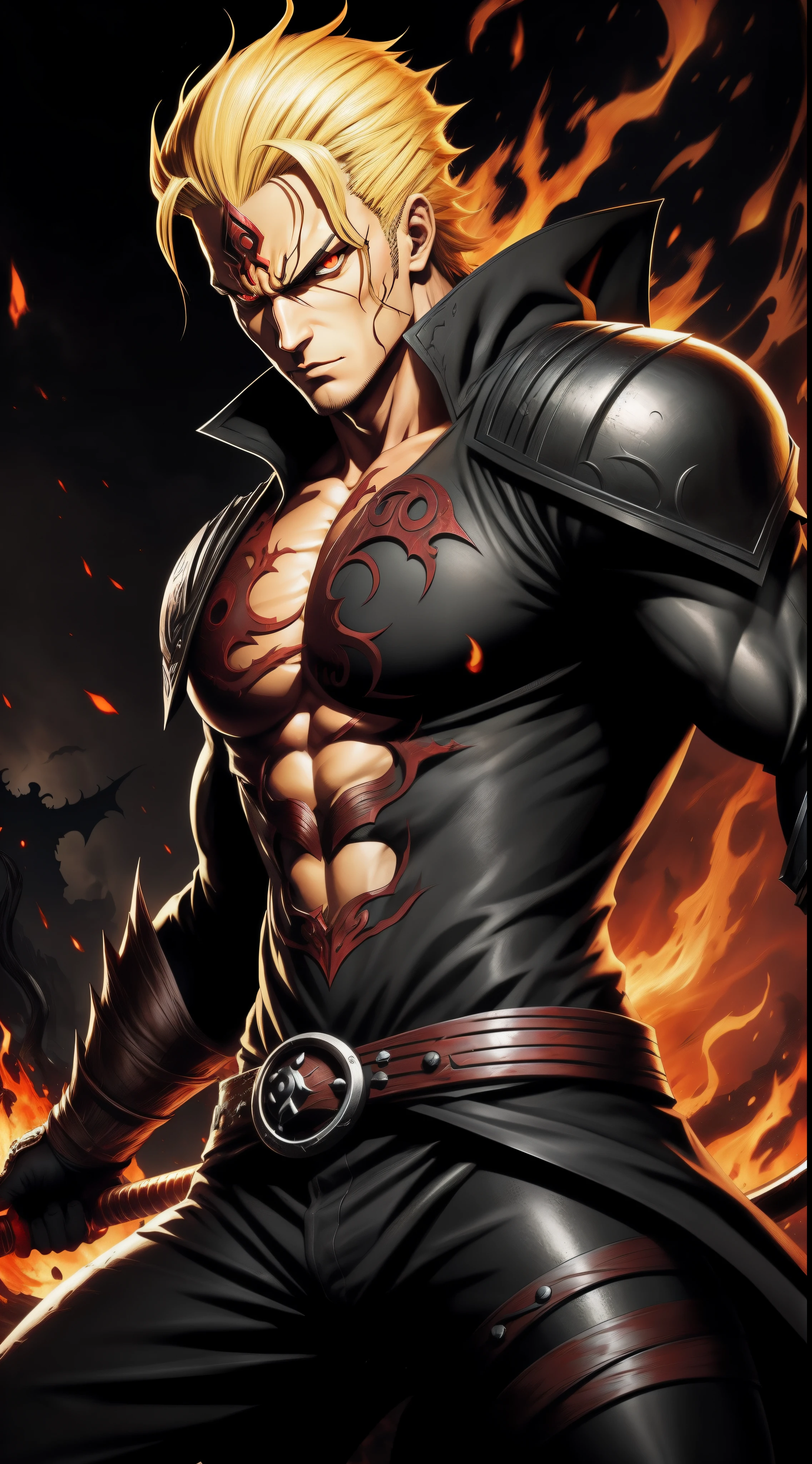 Zoro handsome face blond hair, black fire reflective body, red eyes, solo, alduin, darksiders style, darksiders art style, crazy guts, red sharp eyes, black ancalagon.