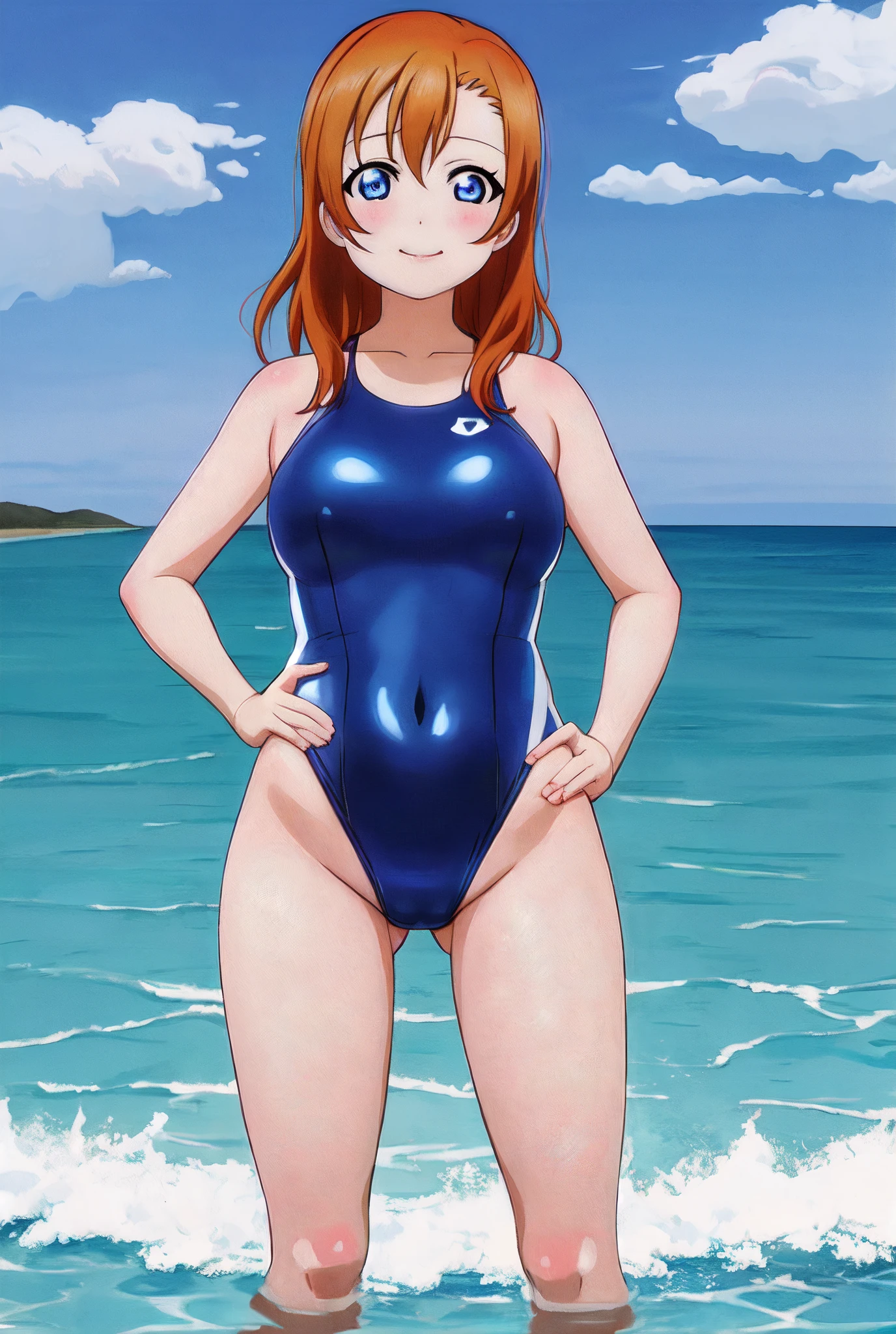 cowboy shot, kousaka honoka, blue eyes, (orange hair:0.7), one-piece swimsuit, curvy body, hands on hips,wet body