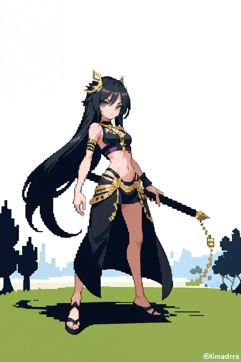 Masterpiece, Top quality, Best quality), pix,Pixel art, 1 girl, Smoked hair, Black Alibaba, Arabia, Black clothes, Safari Park, full bodyesbian, No background