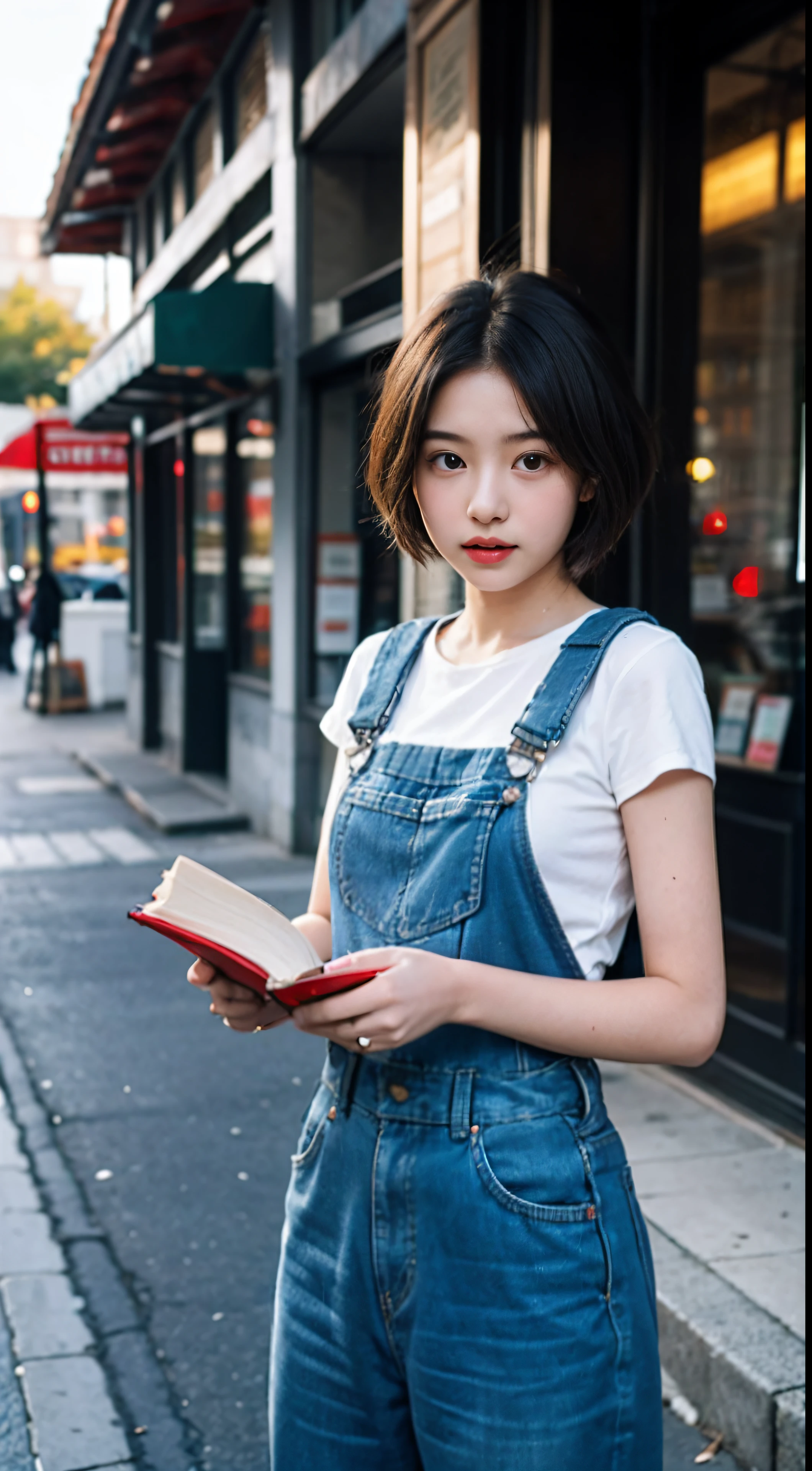 teens girl，gentle and cute，short detailed hair，（Books in hand），the city street，Factory overalls