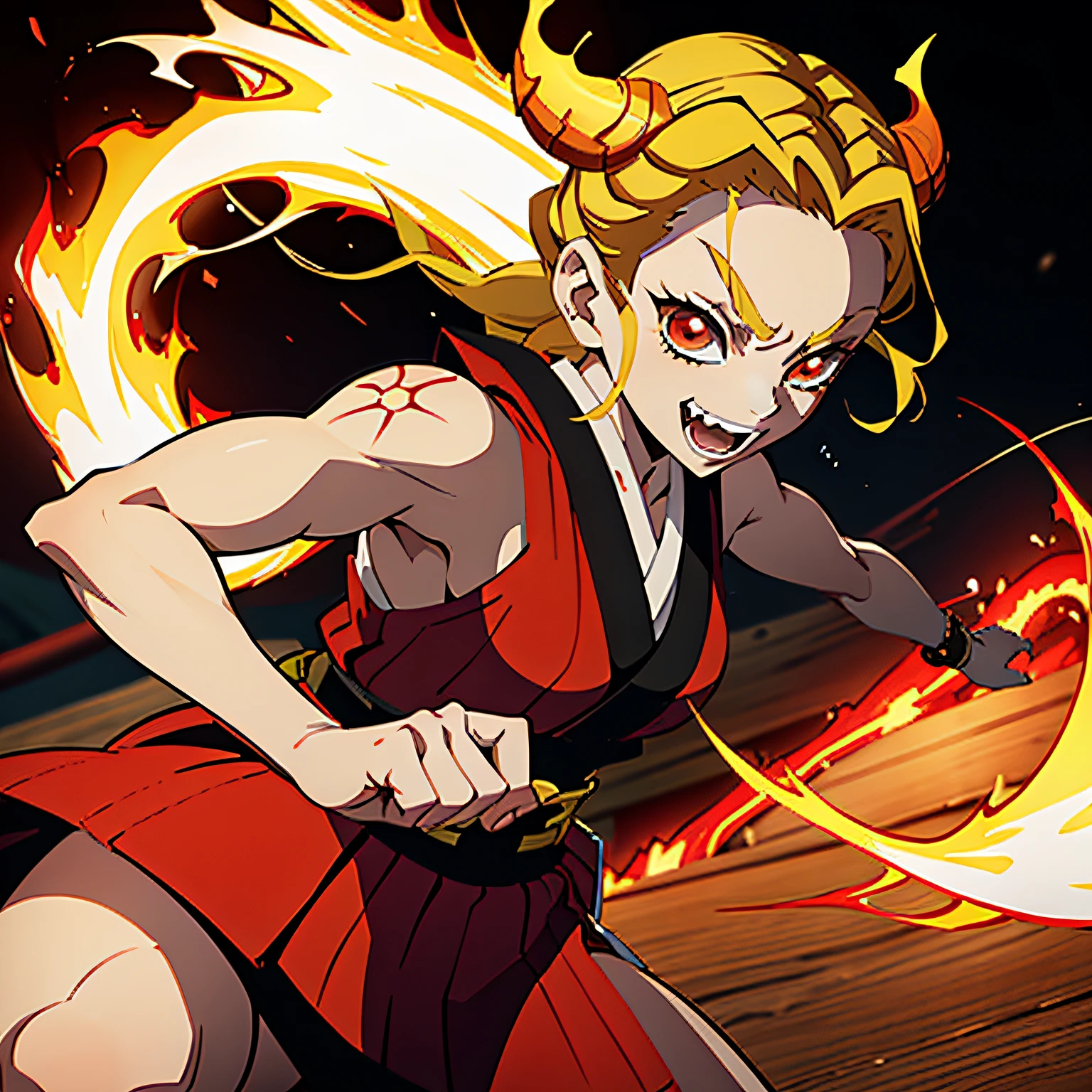 Kimetsu no Yaiba style, 1 girl, beautiful, blonde and red hair, evil smile, demo, uses fire fists to fight, slightly crazy, in fighting stance, has fangs, red horns , wearing a torn kimono, geisha, claws, upper mystical demon