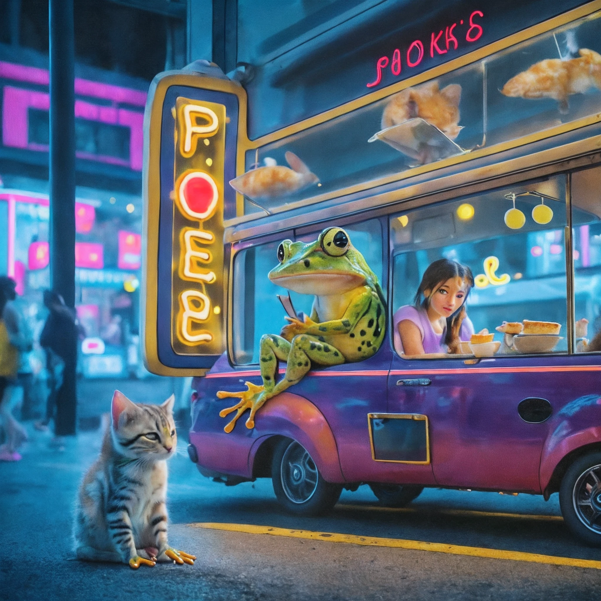 Fashionable girl teen baking pancakes in a mobile stall、Frog sitting bossily with arms crossed in car window、A kitten is sitting by a car、Eat the pancakes you got、night city landscape、Highest quality images、​masterpiece、Neon sign says September